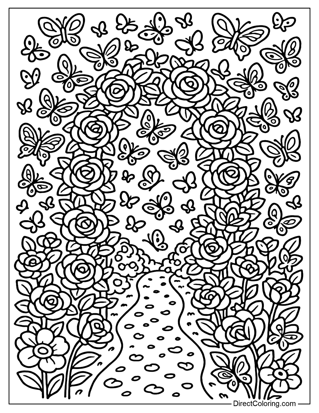 Coloring page of a brilliant rose arch, butterflies flying like clouds, the path leading to the secret garden.