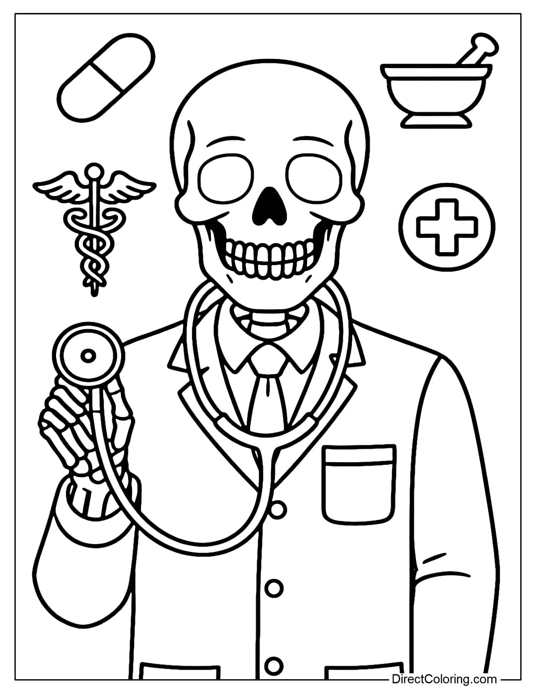 Coloring page of a skeleton wearing a doctor's blouse, holding a stethoscope, a friendly smile, surrounded by medical symbols.
