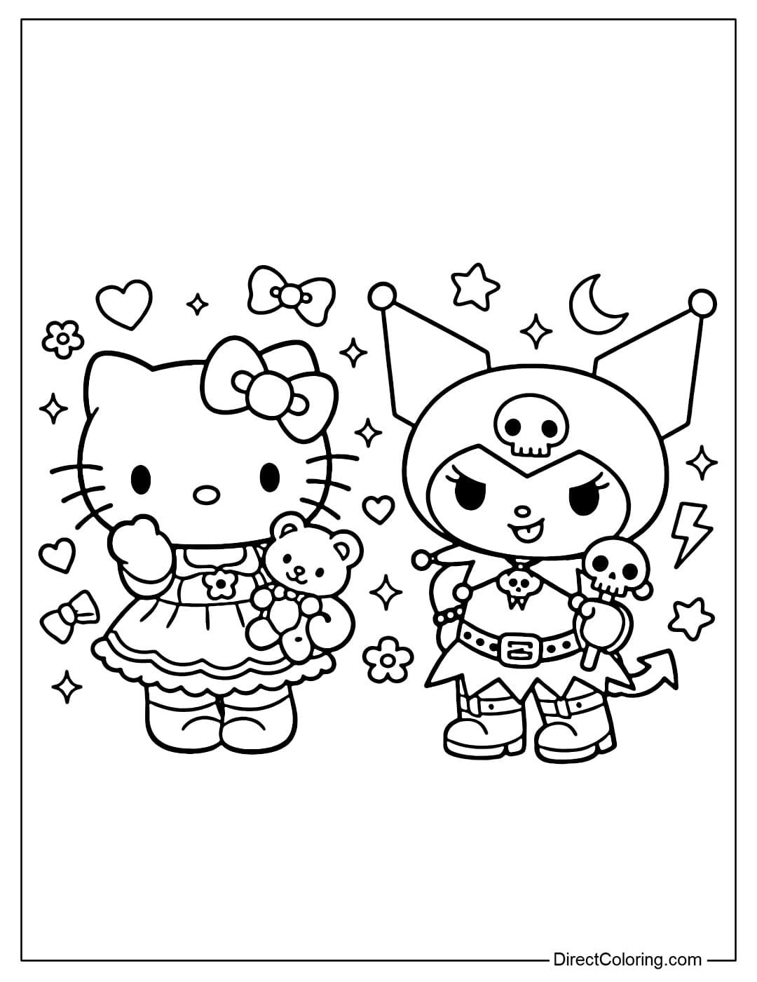 Hello Kitty and Kuromi stand side-by-side, showcasing two contrasting cute styles, surrounded by stars and hearts.