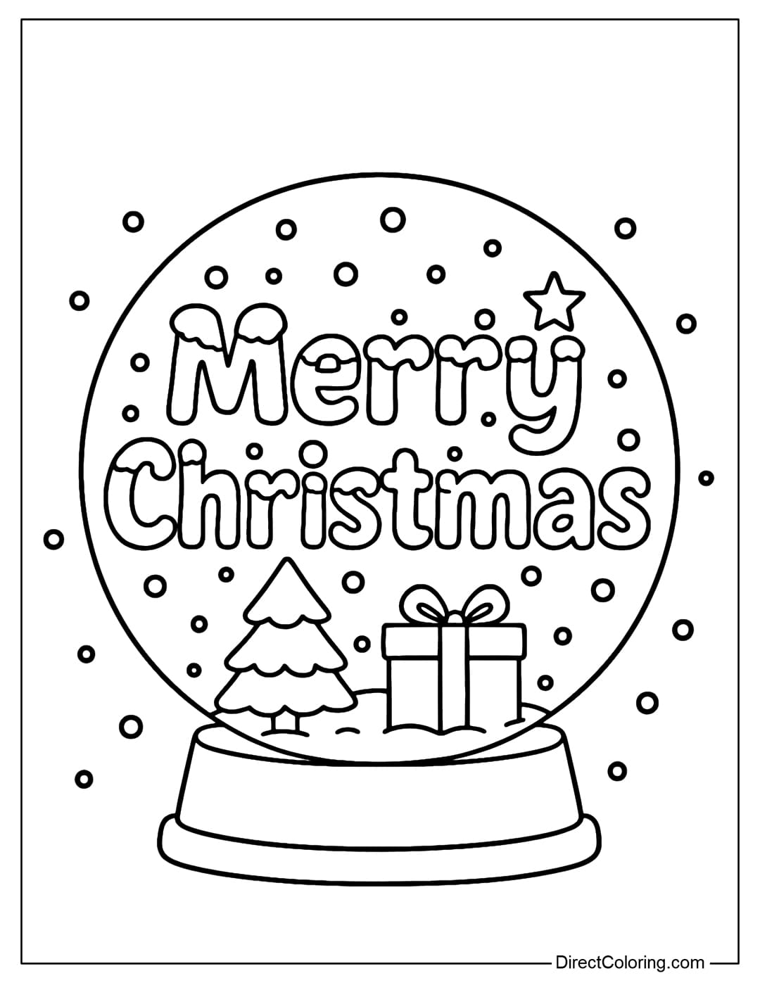 Merry Christmas coloring page placed inside a snow globe, with a small pine tree and a gift box.