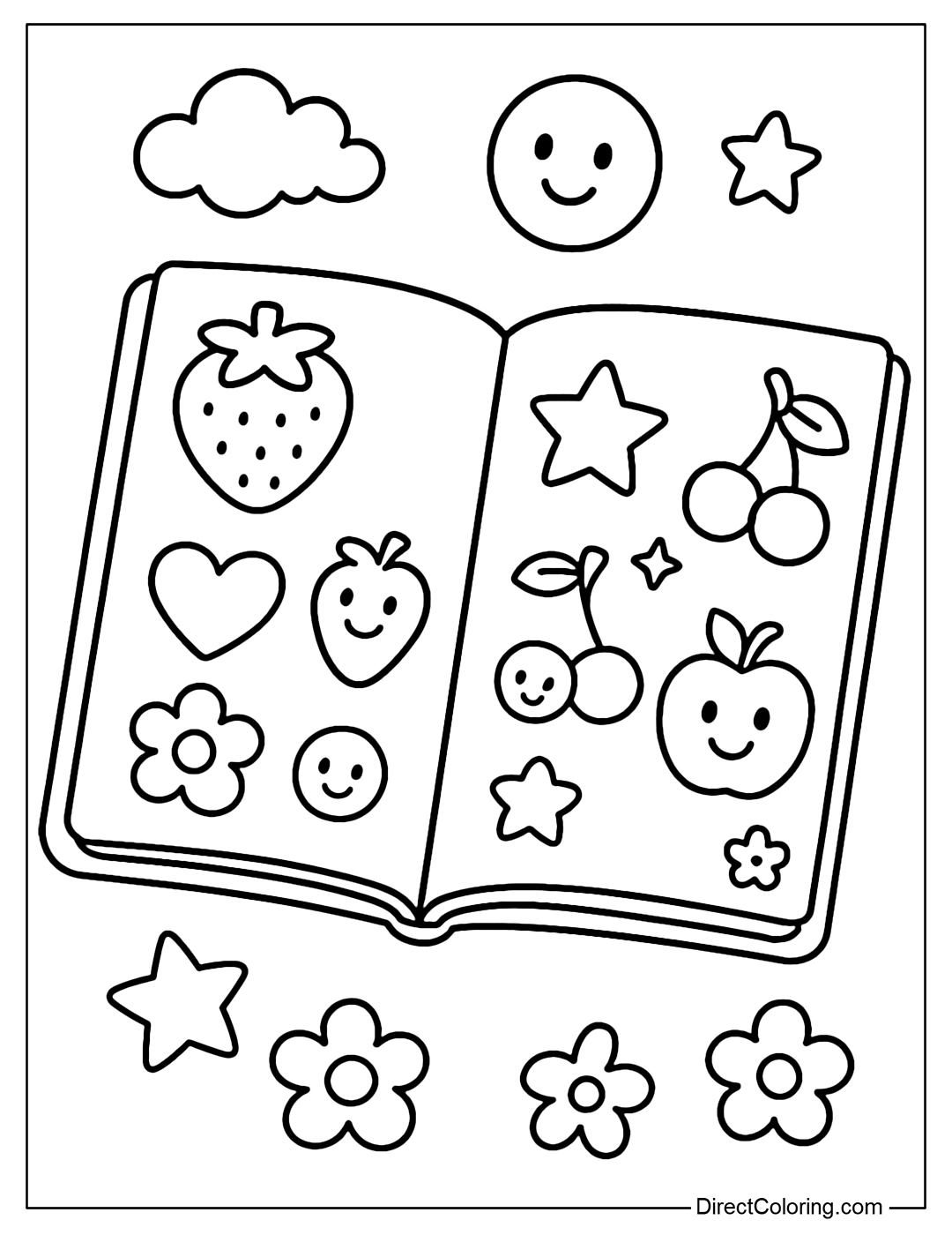 The sticker book coloring page opens, with many cute smiley, star, and fruit stickers.