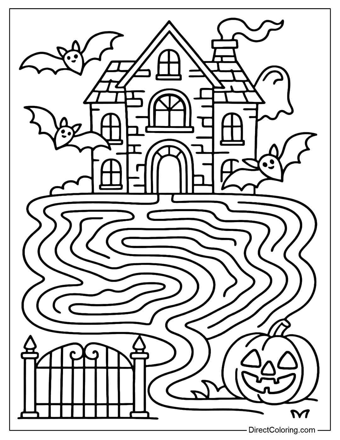 Maze coloring page in haunted house image, bats flying, and the ghost is smiling.