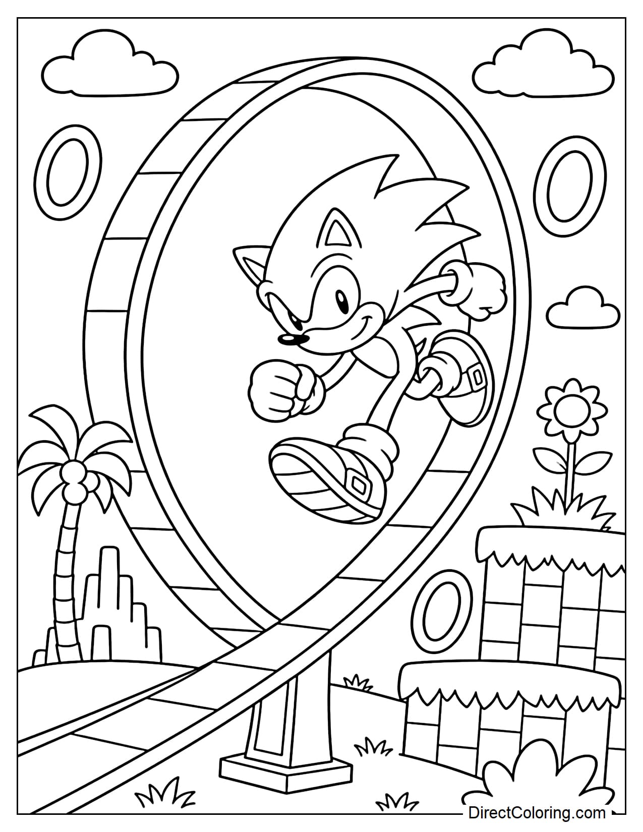 Sonic is running on a characteristic loop track, surrounded by gold rings and a simple ground surface.