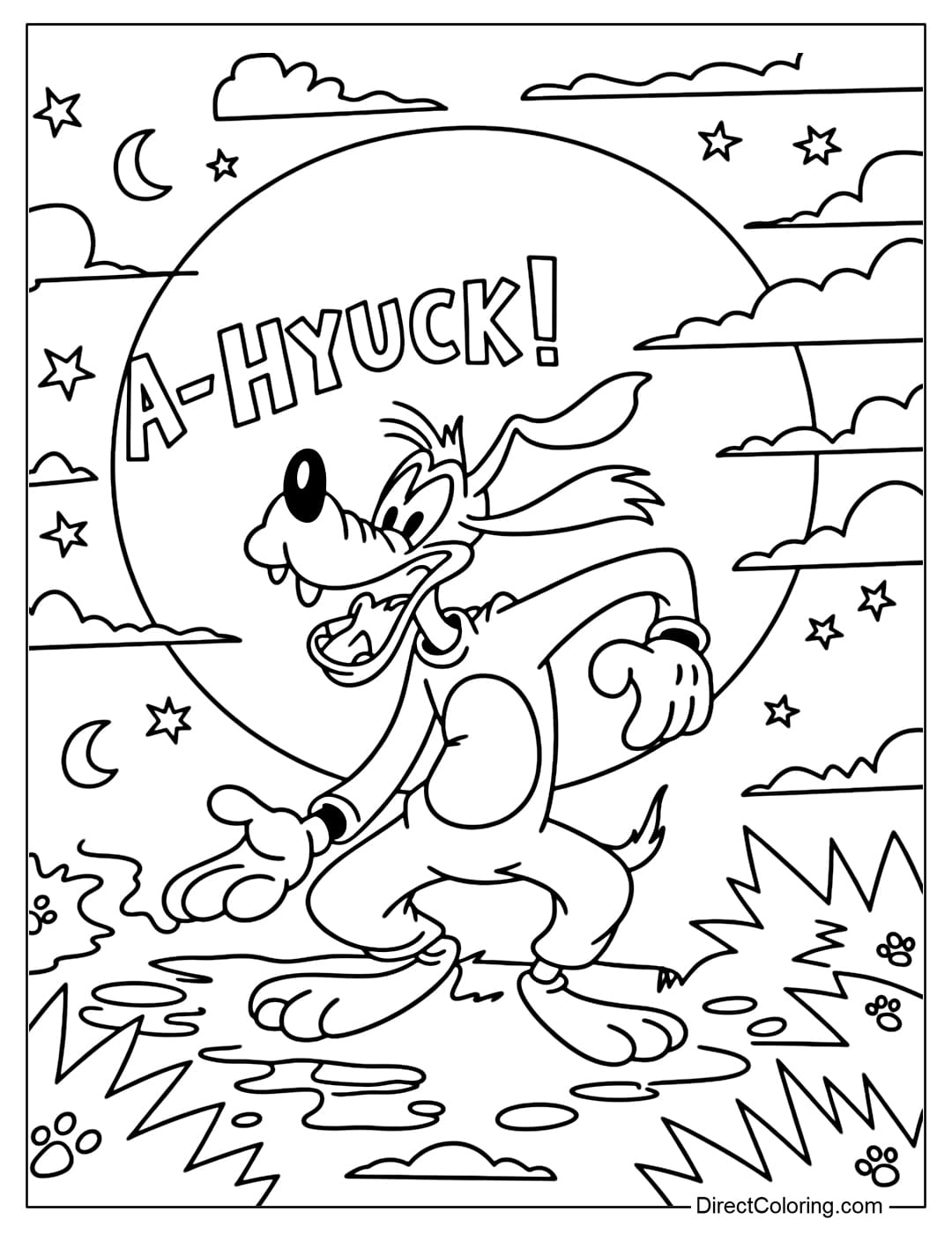 Goofy coloring page as a clumsy wolf, howling under the full moon.