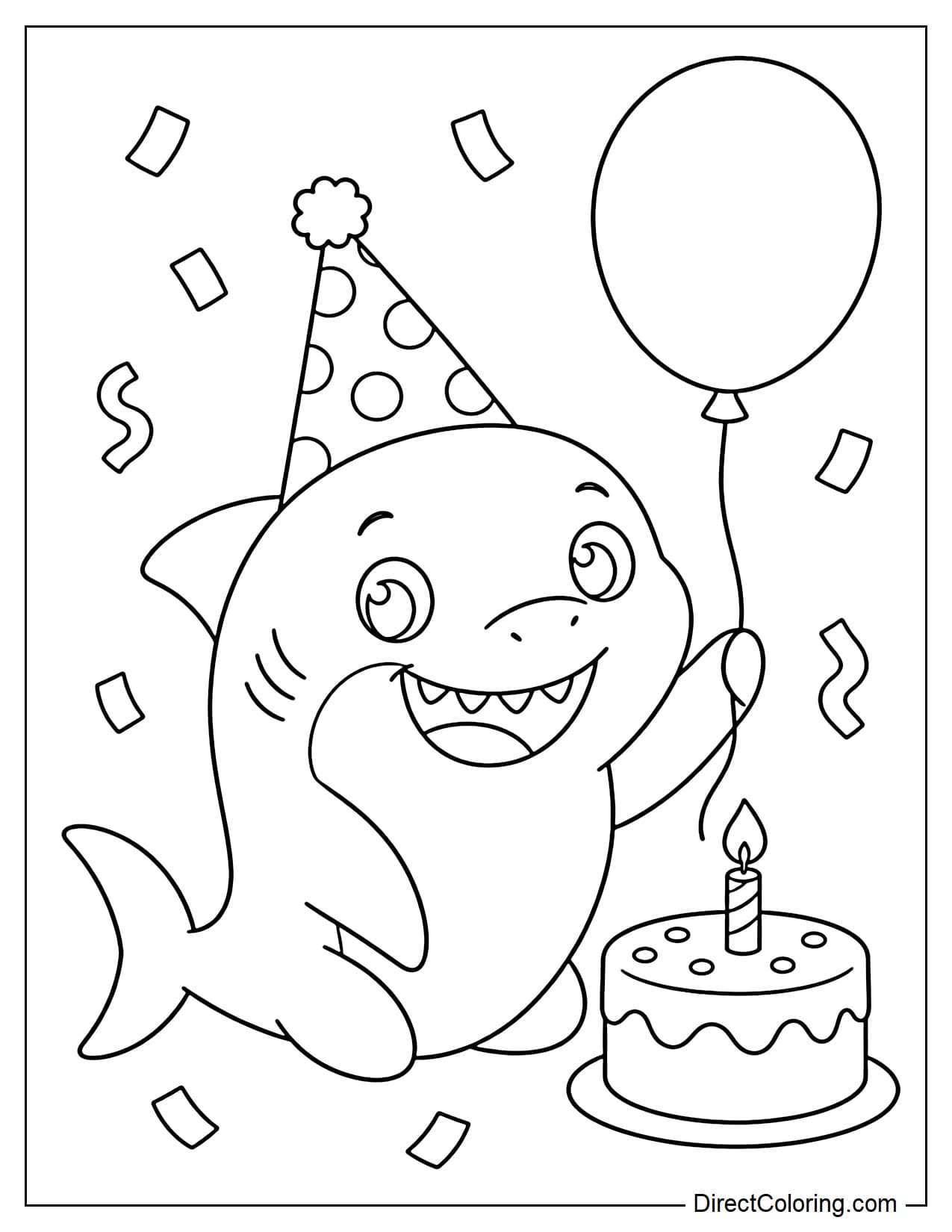 A shark is sitting next to a small birthday cake, wearing a top hat and holding a balloon with its fin, surrounded by some decorative paper.