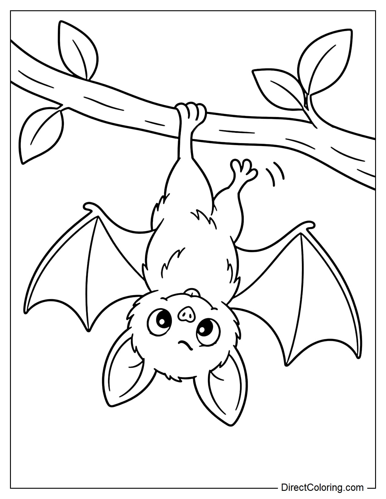 A baby bat practices hanging upside down from a tree branch, with one foot securely hooked while the other searches for a place to grip.