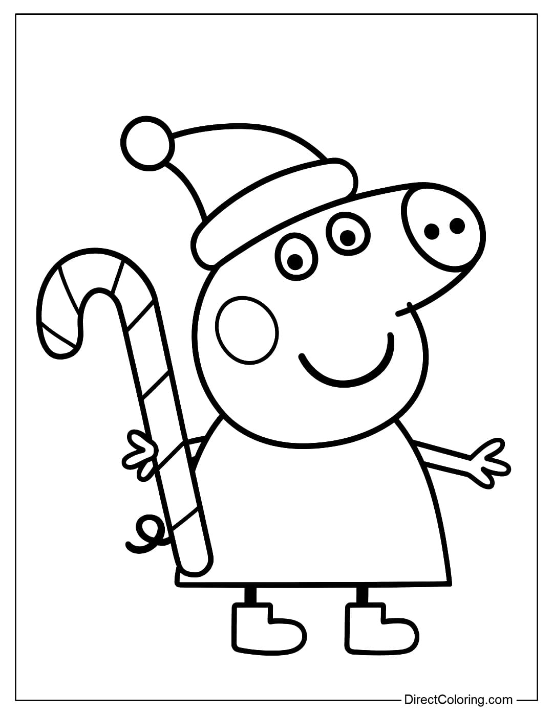 Coloring page Peppa Pig wearing a Santa hat, standing happily next to a big candy cane.
