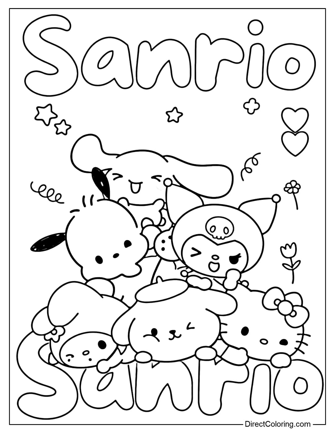 Coloring pages showing Sanrio characters hugging each other, forming a warm and cozy hugging tower.