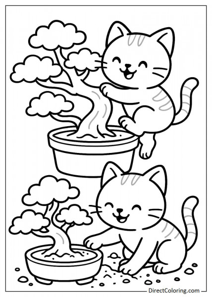 Cats taking care of plants coloring page