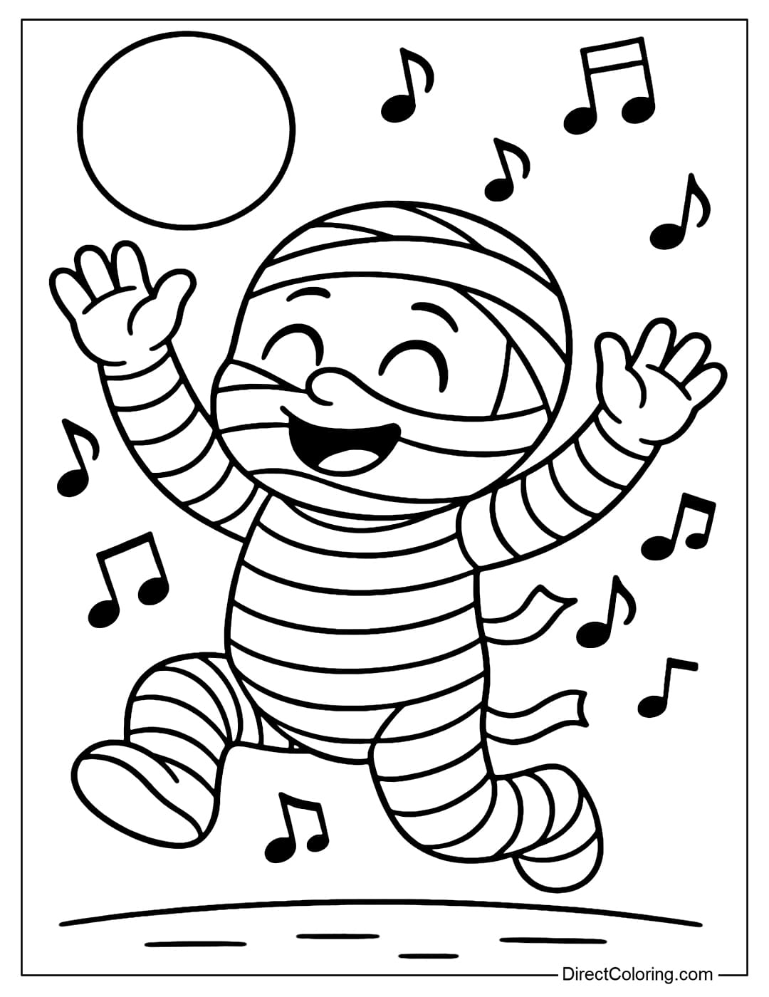 A funny mummy coloring page is dancing under the moonlight, with both hands raised, surrounded by musical notes.