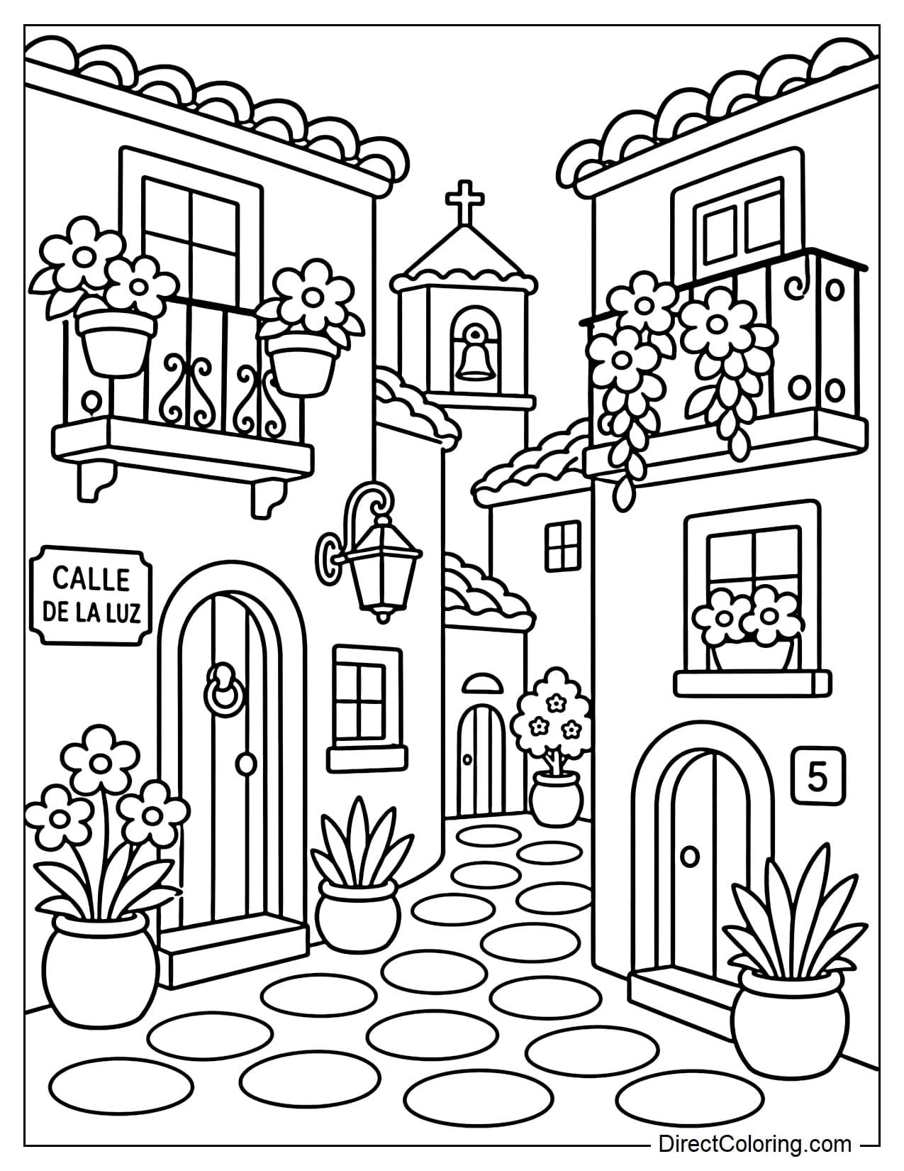 A Spanish village street with small houses, windows and balconies decorated with flowers, and a cobblestone path.