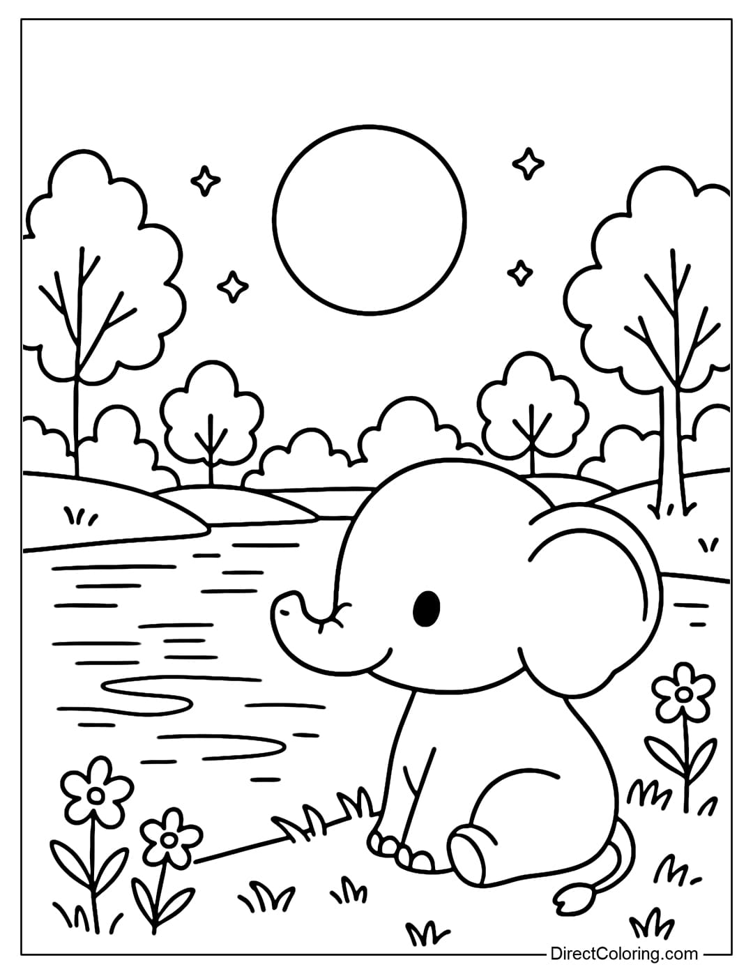 A coloring page of a little elephant sitting by a quiet lake, the water reflecting the full moon.