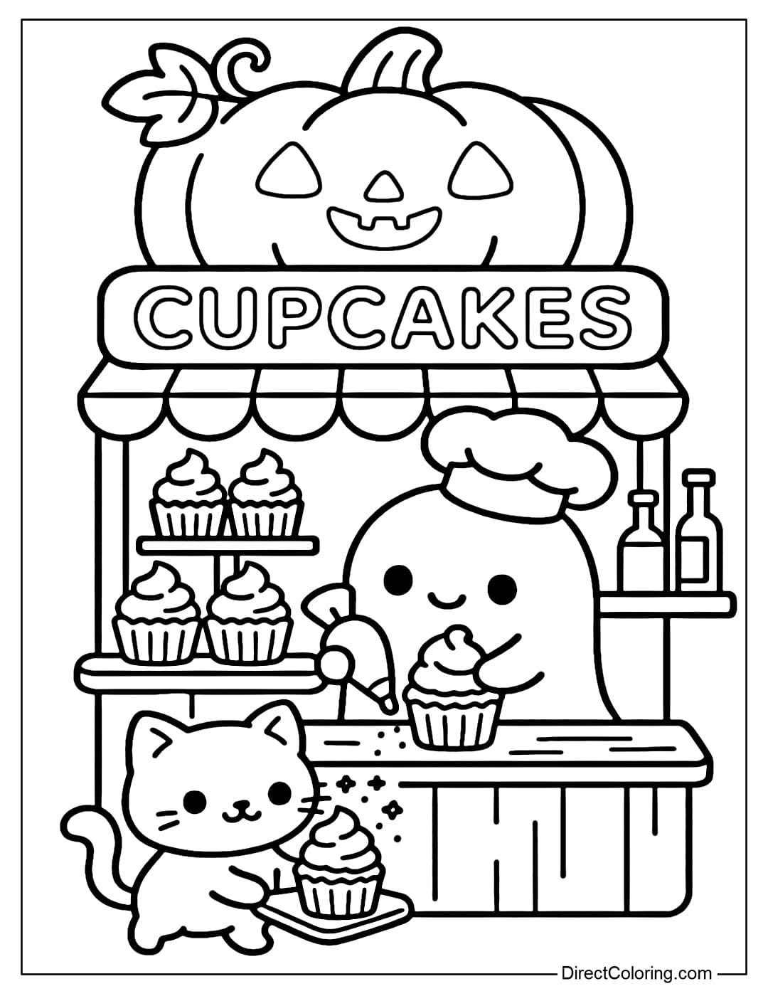 Pumpkin cupcake shop coloring page, ghost in chef's hat is baking, little cat carrying cupcake tray sprinkles magic sugar on top.
