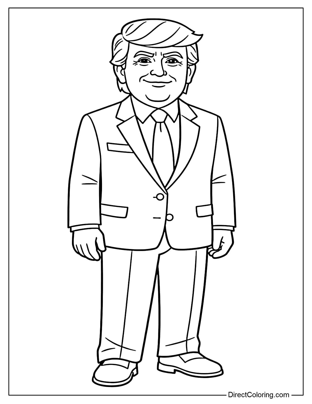 A coloring page of Donald Trump standing upright, smiling slightly, wearing a suit and tie.