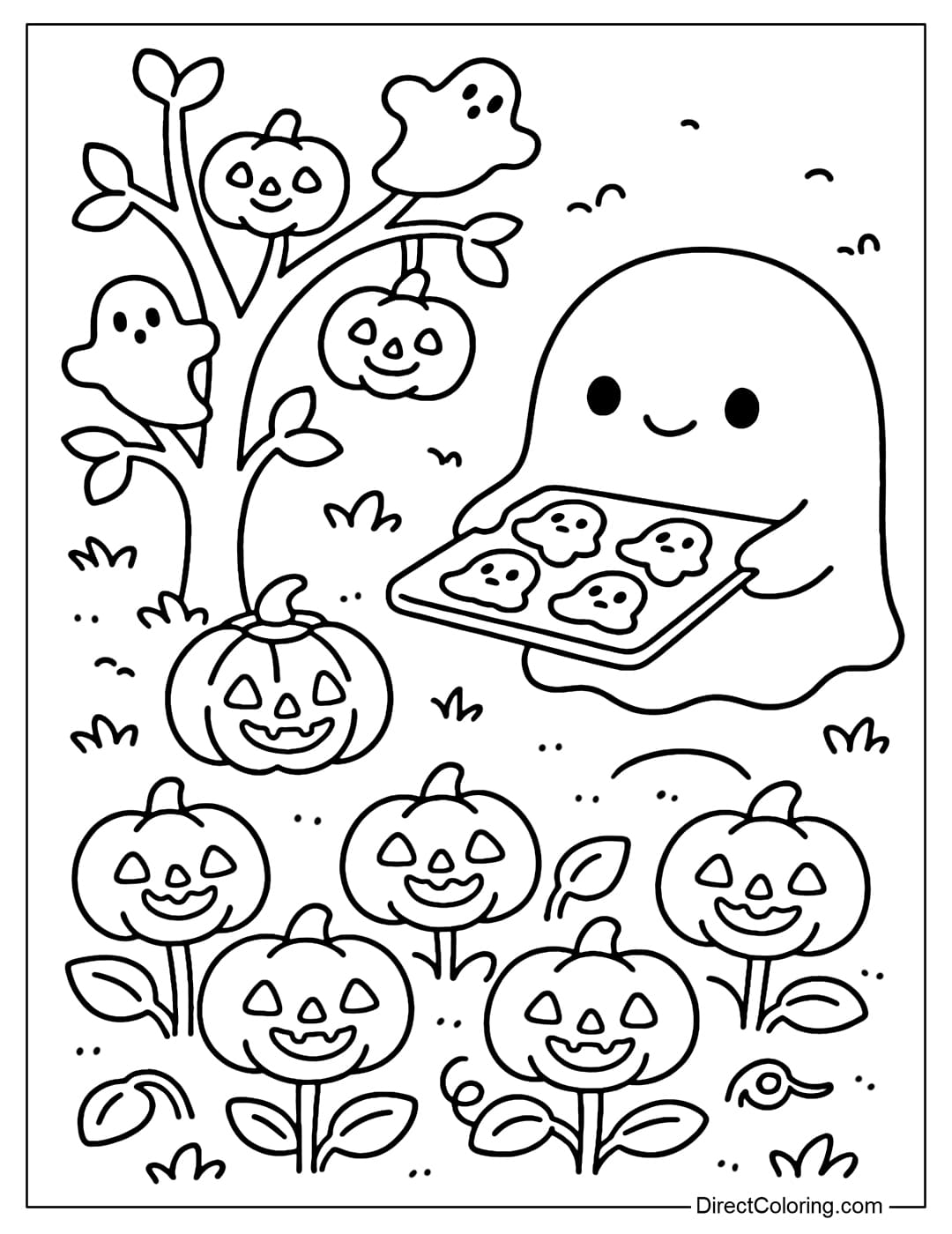 Pumpkin cookie garden coloring page, trees growing ghost-shaped cookies, little ghosts holding freshly baked trays of cookies.