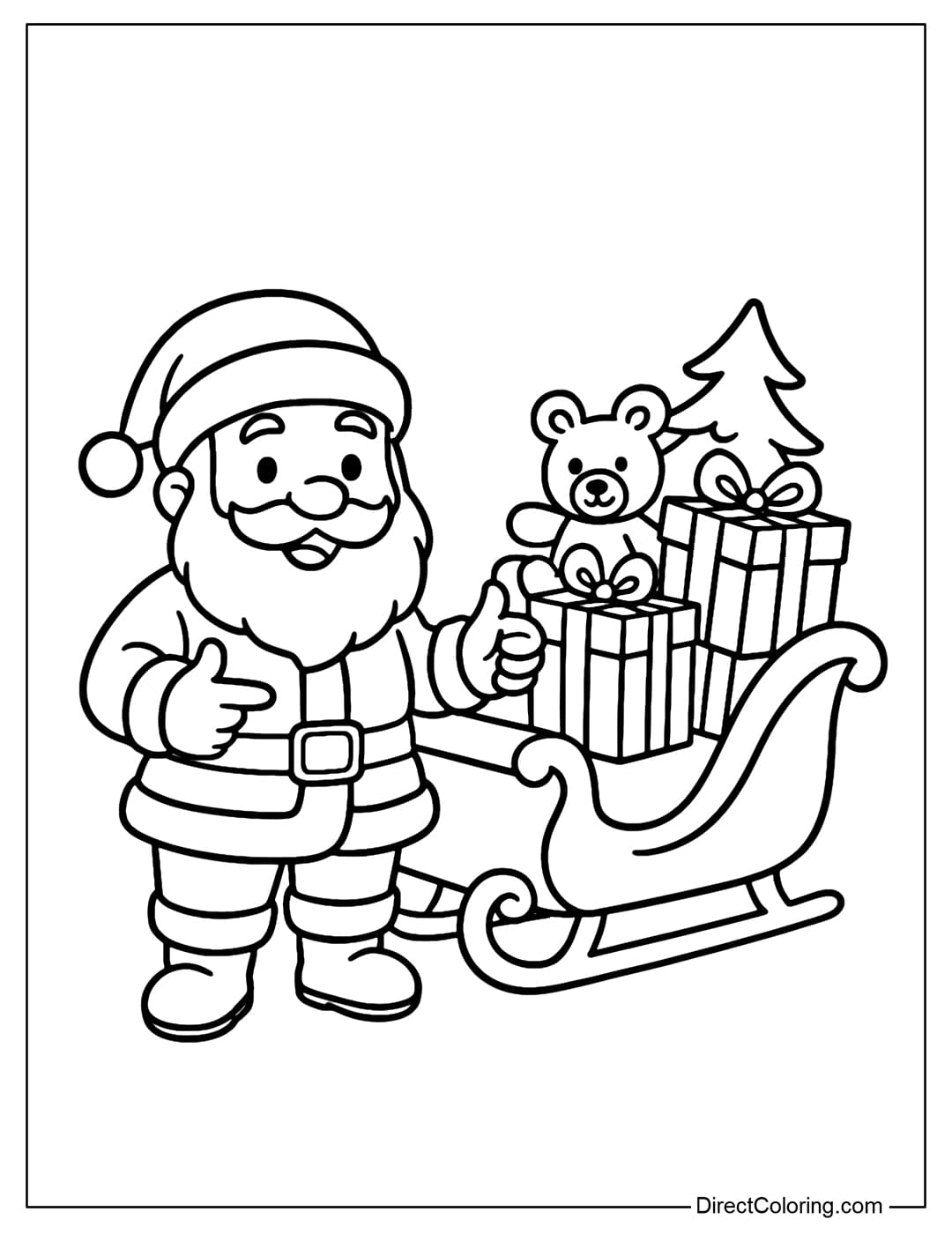 Santa with Sleigh Full of Gifts Coloring Page Santa Coloring Page standing next to a sleigh filled with large and small gift boxes.