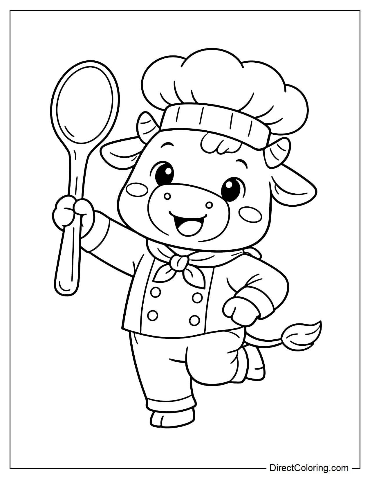 A cow wearing a chef's hat is holding a large spoon, striking a funny pose.