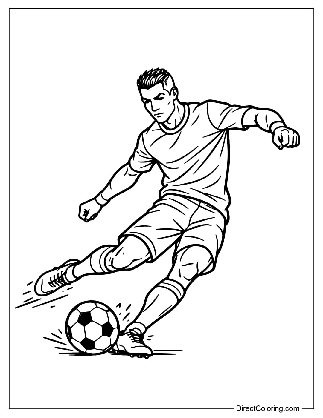Coloring page of Cristiano Ronaldo shooting the ball powerfully, with a dynamic pose and decisive body curves.