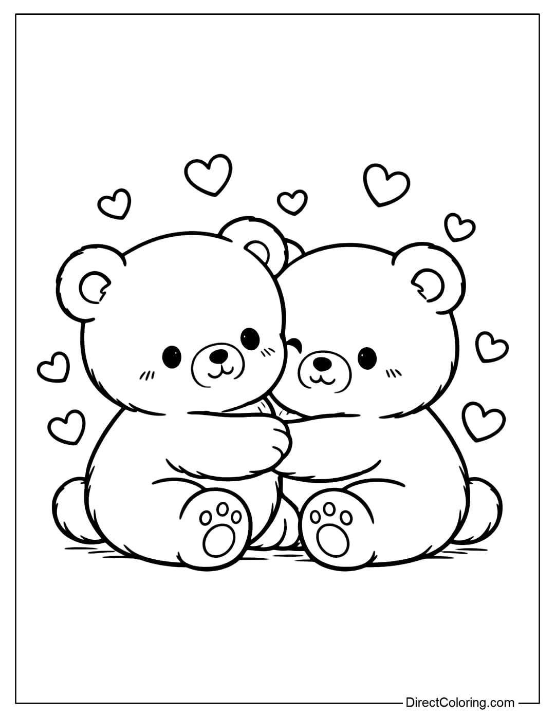 A coloring page featuring two chubby teddy bears sitting next to each other, gently hugging, surrounded by small hearts.