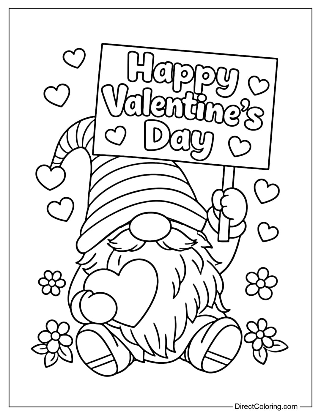 A coloring page featuring a gnome sitting with one hand holding a heart and the other holding up a sign that says 