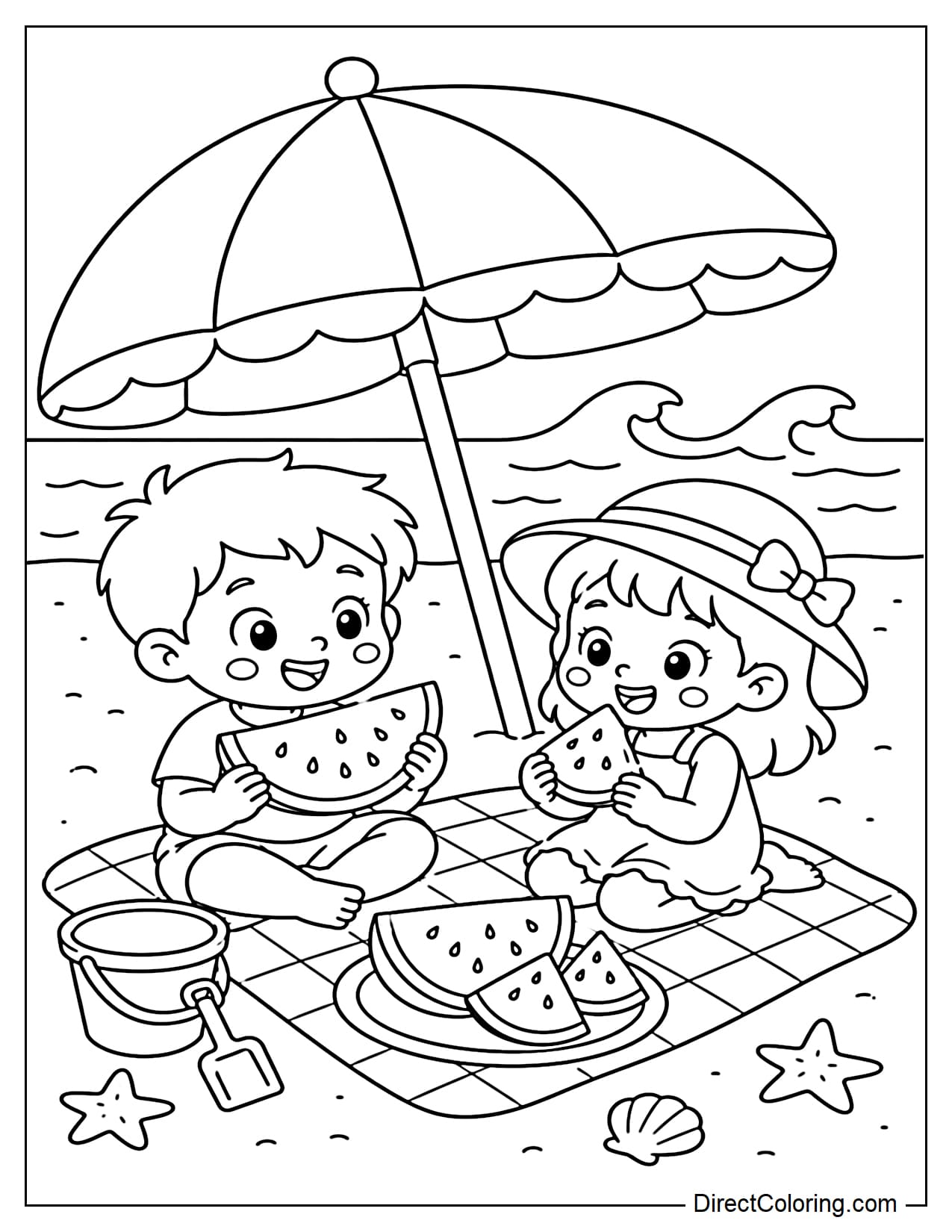 Two children are picnicking on the beach next to a large sun umbrella, with watermelon, a bucket of sand, and a few simple waves in the background.