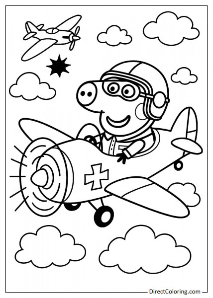 Peppa Pig as a fighter pilot in the clouds coloring sheet