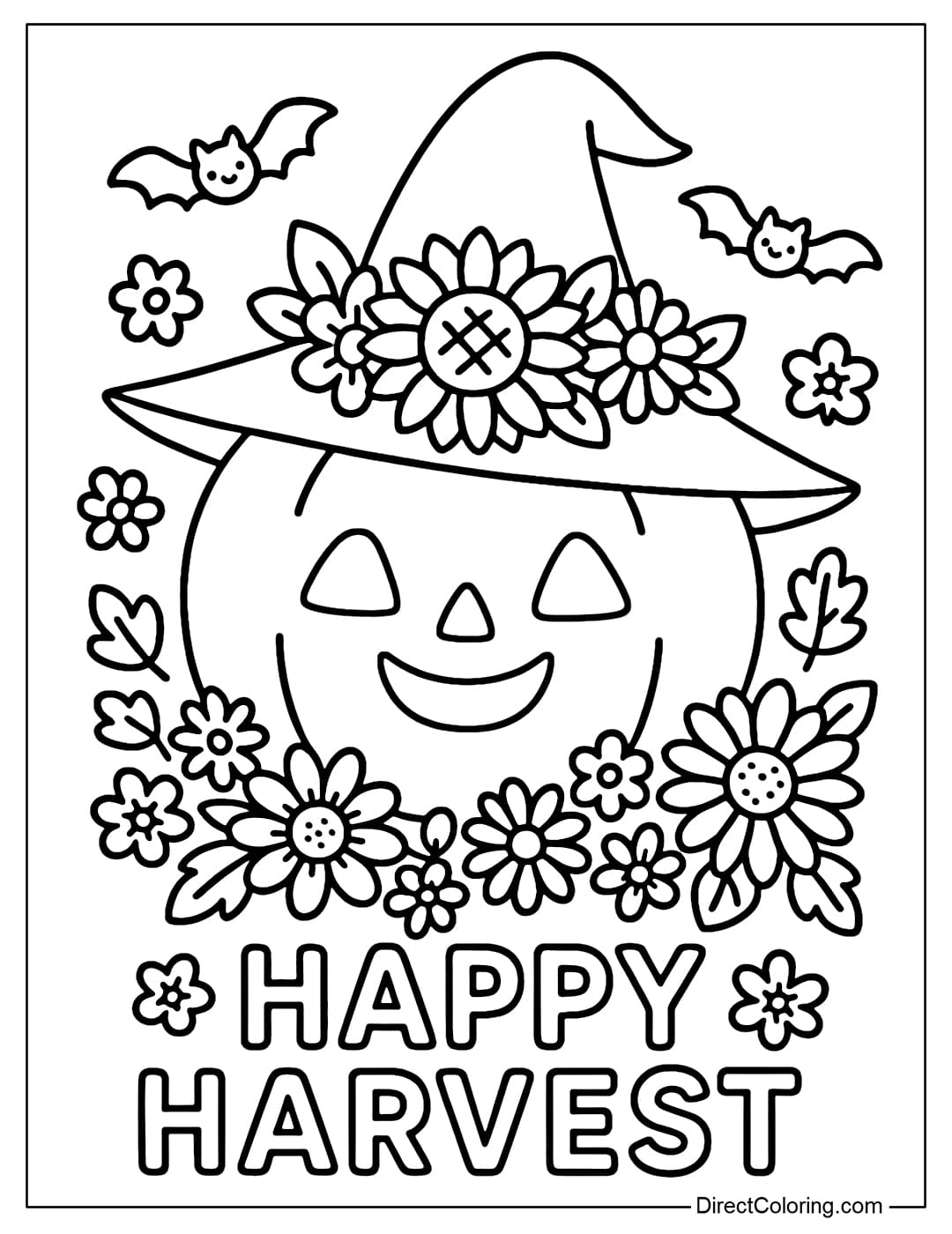A coloring page of a pumpkin carved with a gentle face, wearing a witch's hat, surrounded by many autumn flowers and small bats.