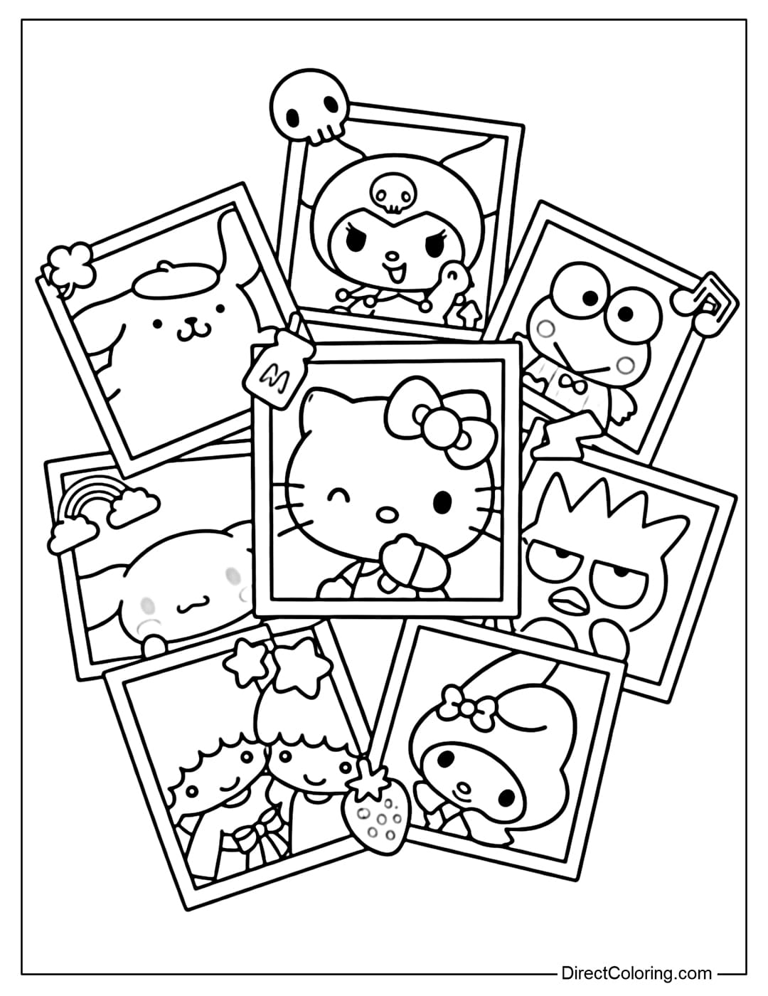 Coloring pages of stacked Polaroid photos, capturing memorable moments of the Sanrio family.