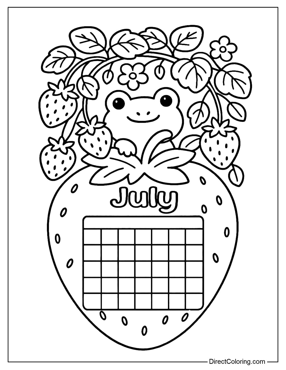 July calendar coloring page features a strawberry garden with a chibi frog peeking out from among the leaves at the top. Below is a calendar nestled inside a large, plump strawberry.