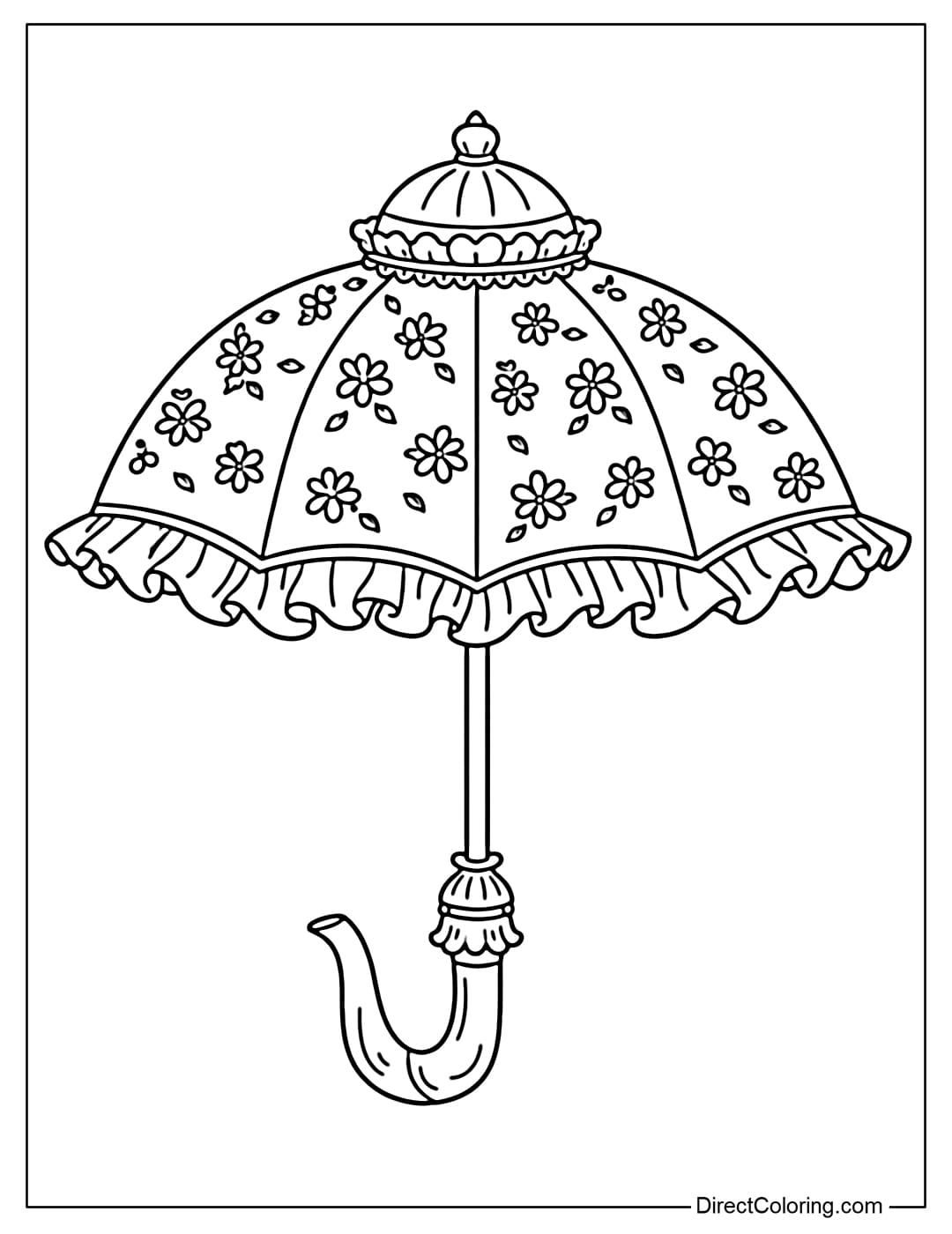 A coloring page featuring an umbrella inspired by a classic teapot, with delicate floral patterns, soft ruffled edges, and a handle curved like a teapot spout.