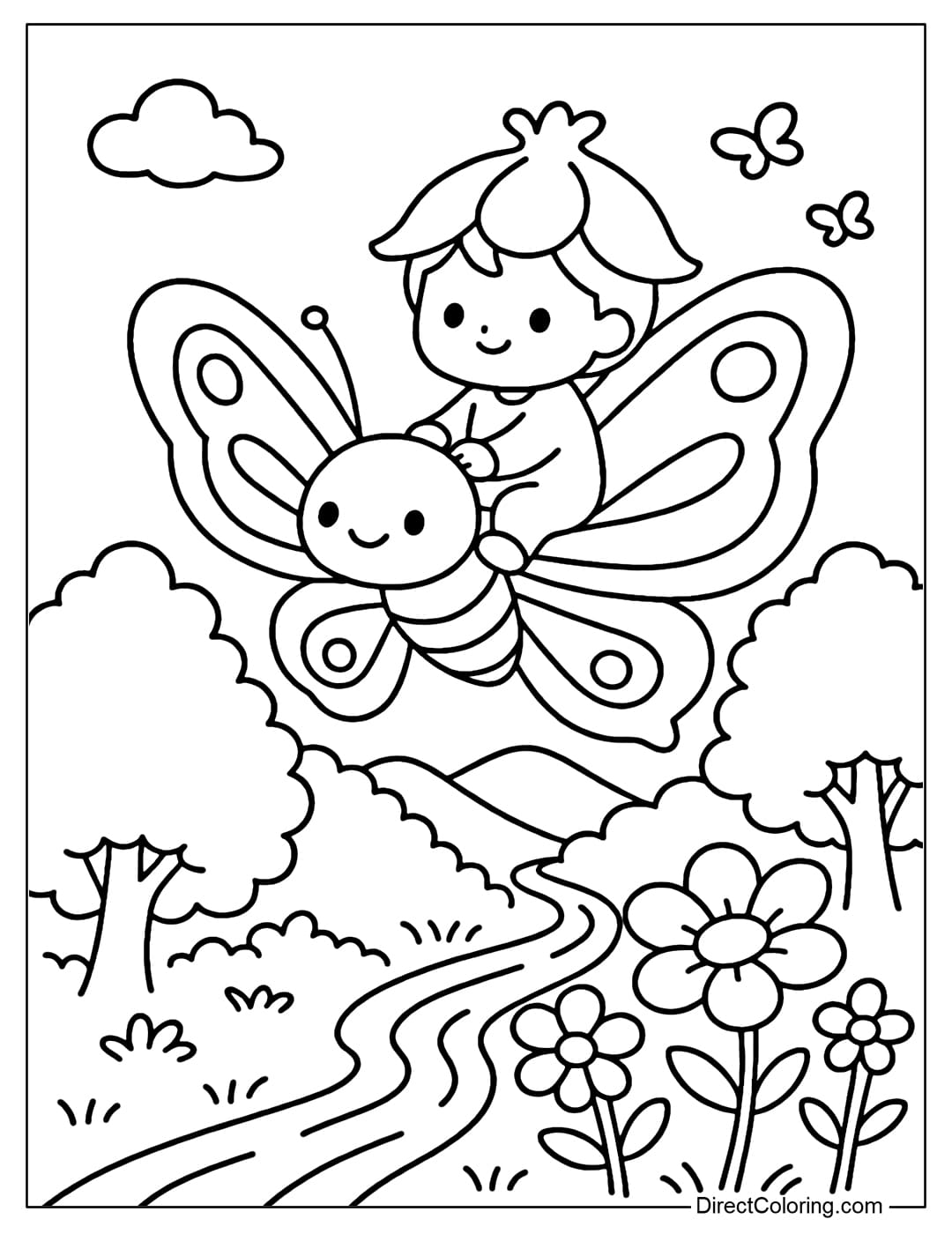 Coloring page of a baby riding on the back of a giant butterfly flying through the forest.