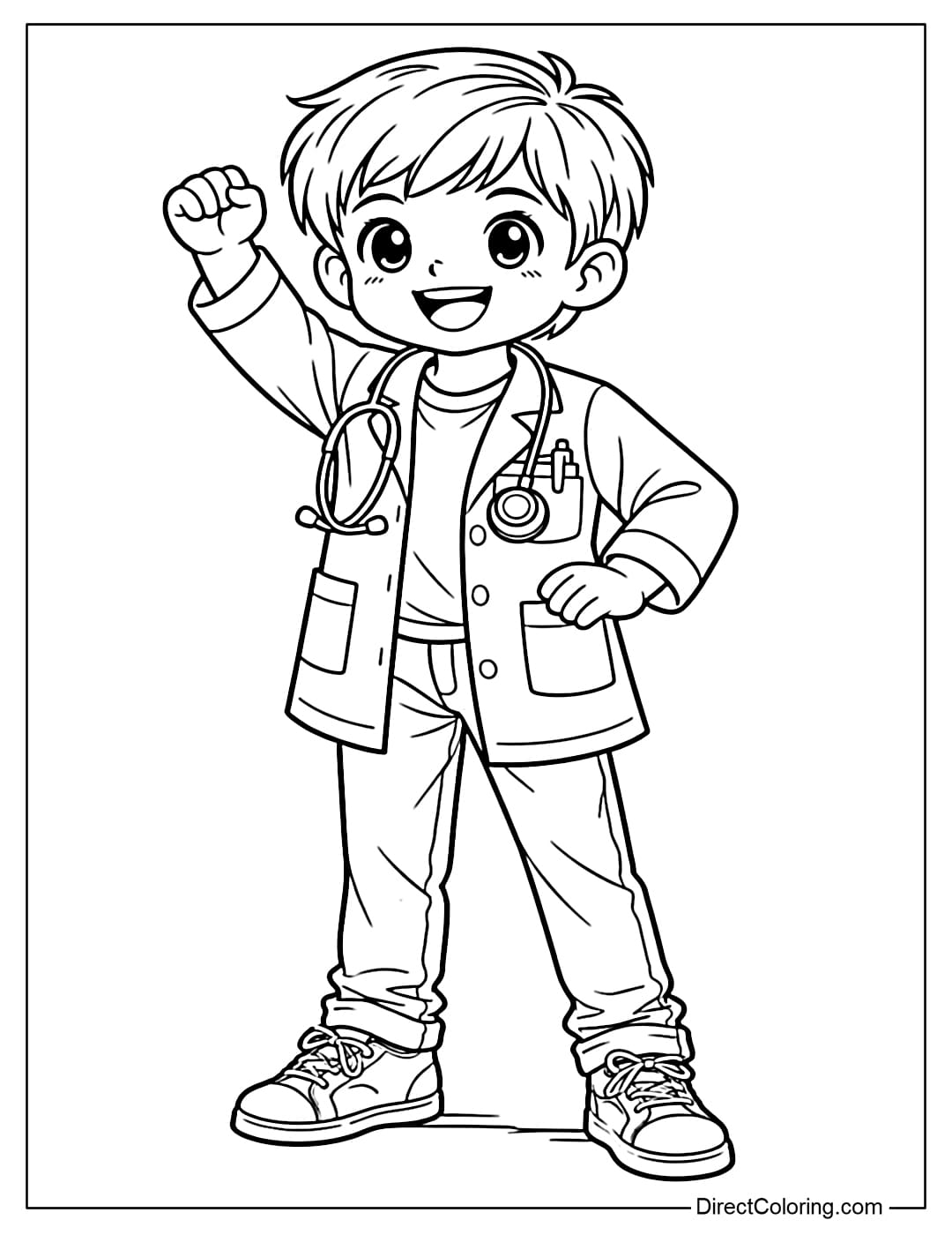 A coloring page of a baby in a doctor's coat, with short hair, bright eyes, and one hand raised confidently.