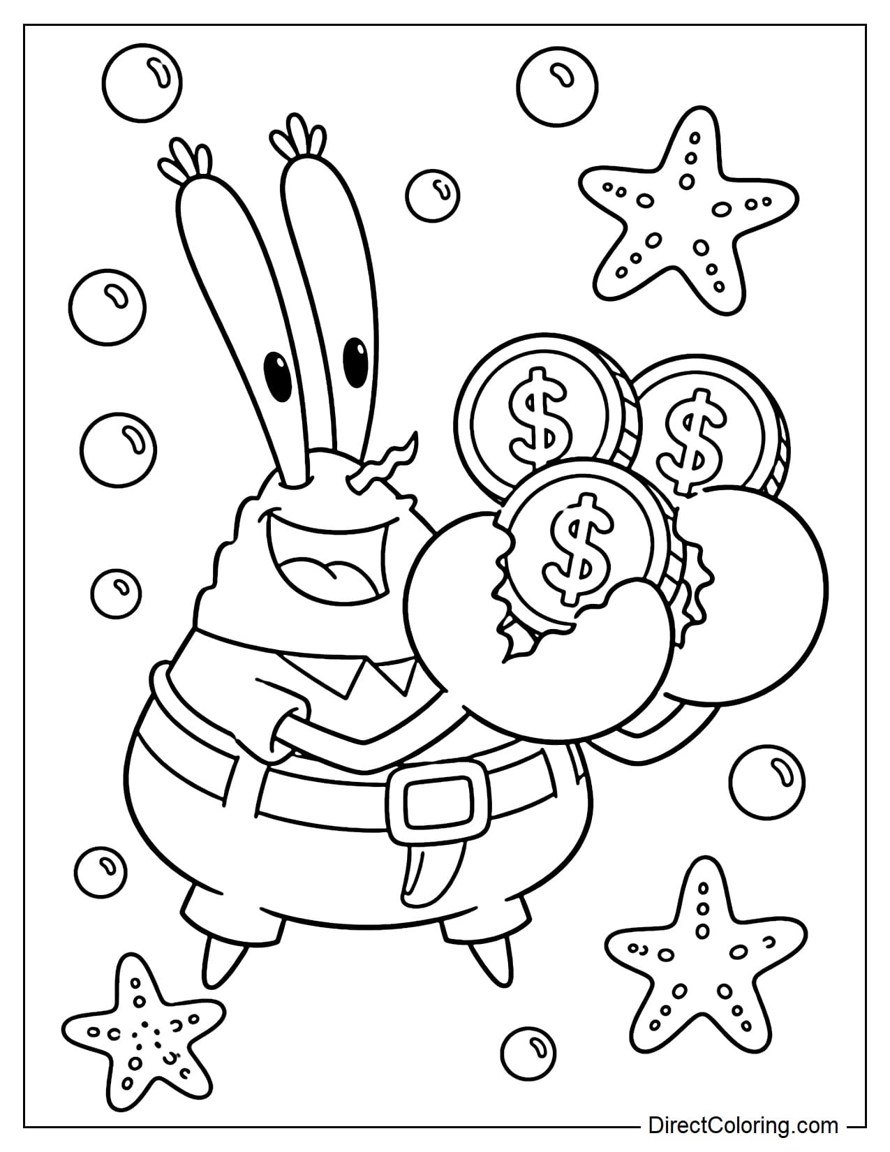 Mr. Krabs is holding some large coins with a delighted smile, surrounded by water bubbles and some starfish.