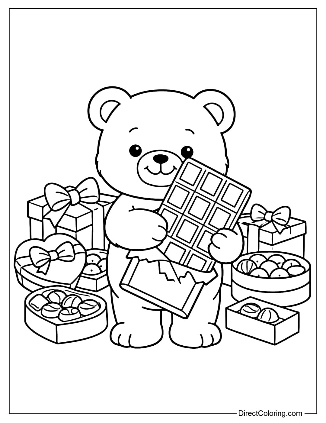 Coloring page of a teddy bear hugging a large chocolate bar, smiling and standing among boxes of chocolate gifts.