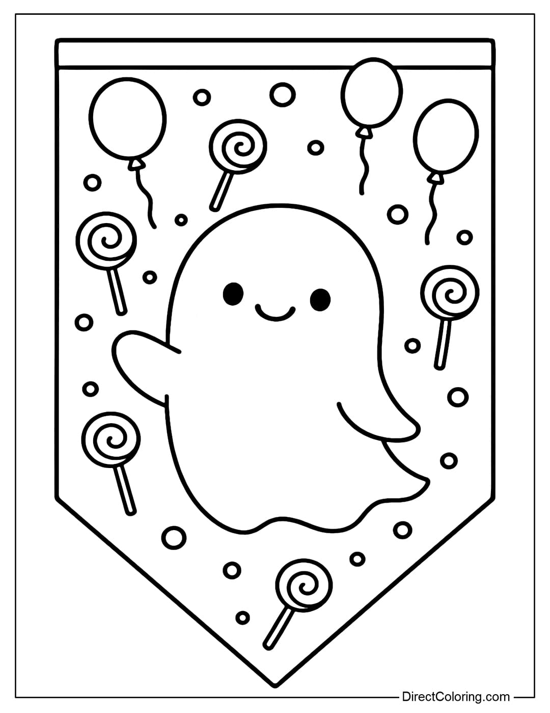 Halloween decoration flag coloring page in a rectangular shape, with a smiling little ghost in the middle.