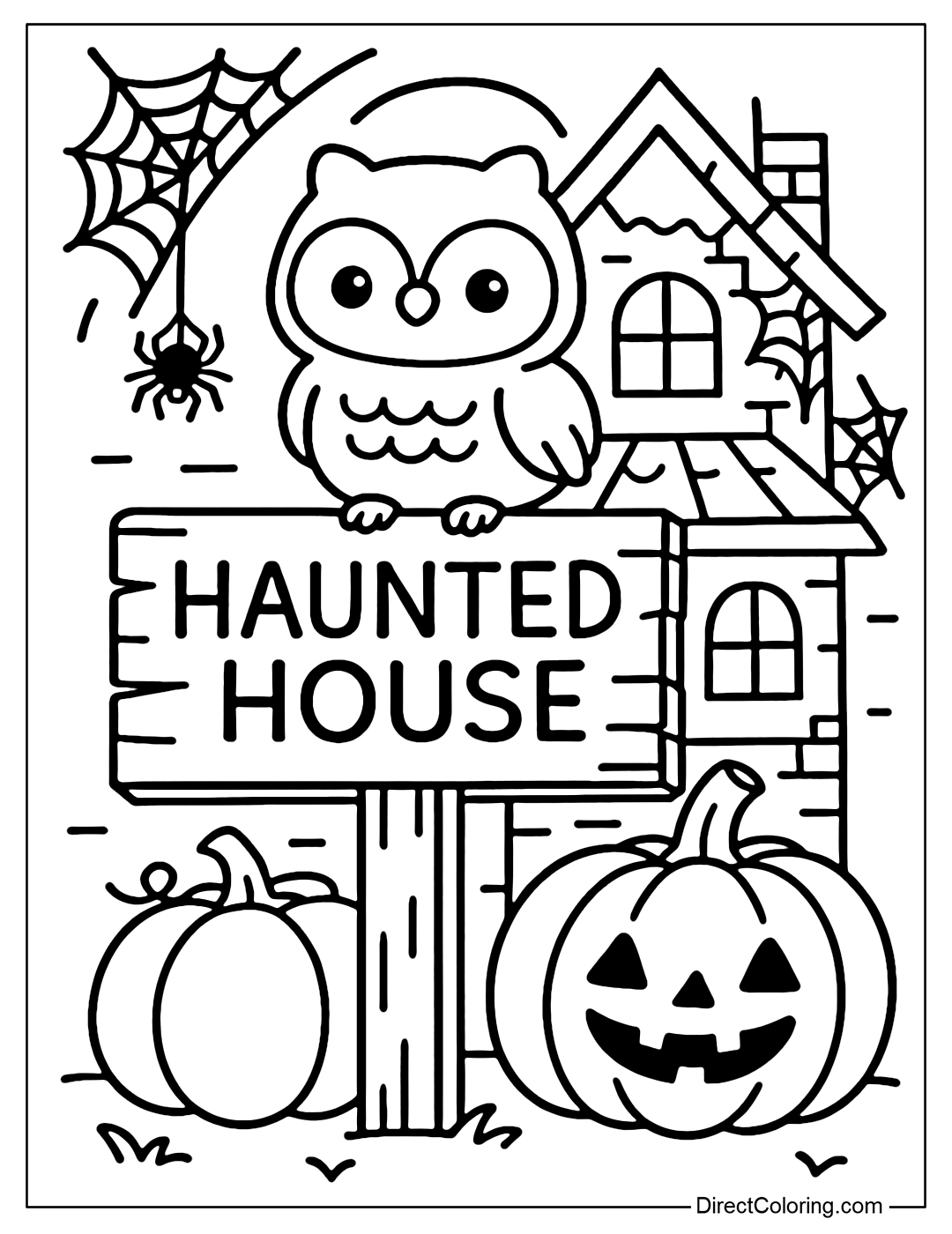 An owl coloring page perched on a wooden sign in front of a haunted house, behind it is a glowing window, pumpkins and spider webs everywhere.