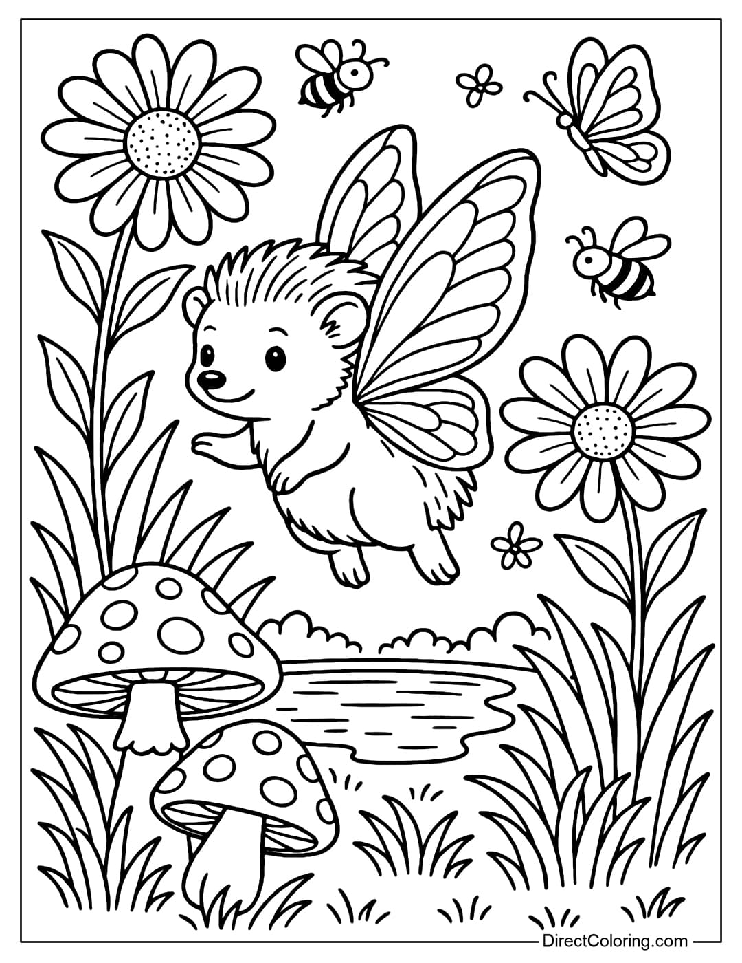 Fairy Hedgehog Coloring Page Coloring page of a hedgehog with sparkling fairy wings, flying around flowers.