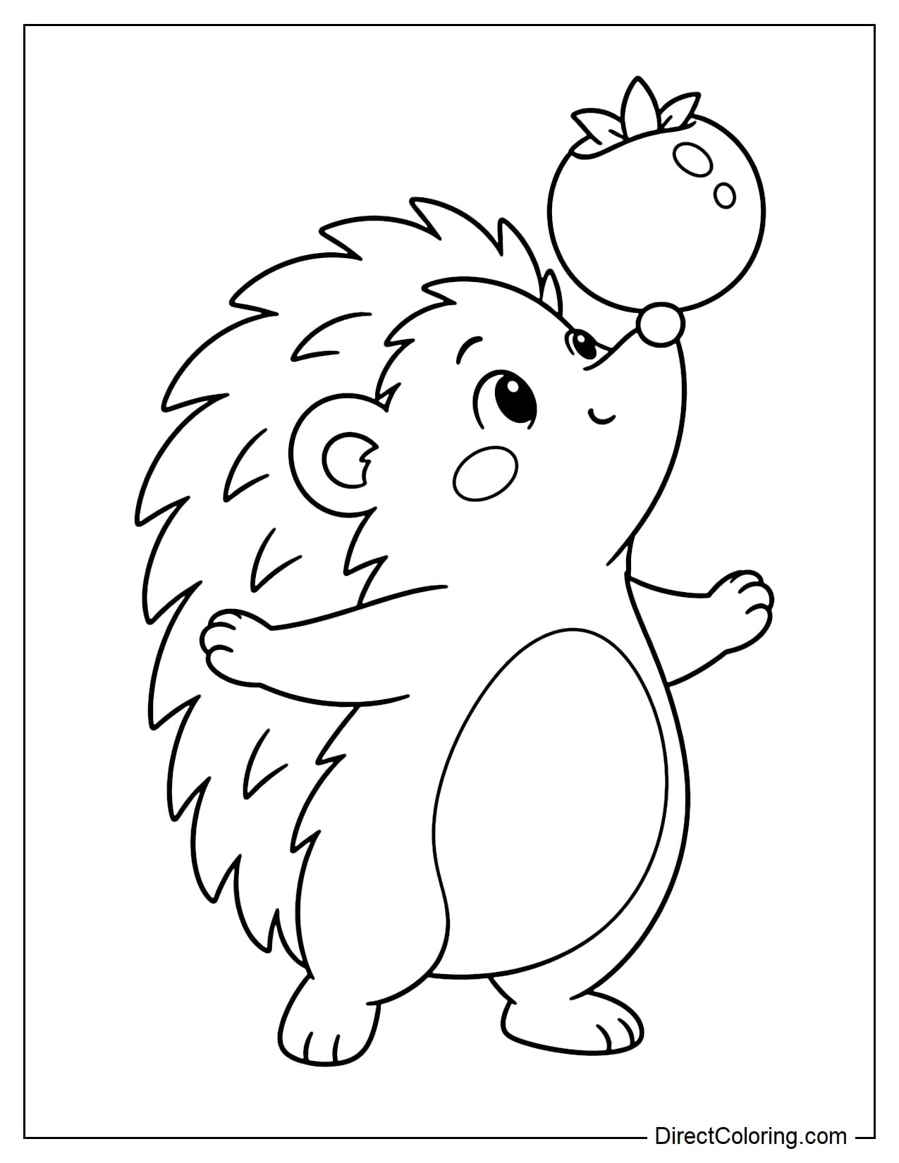 A cute hedgehog tilting its head up and balancing a large berry on the tip of its nose, with both paws stretched out to the sides for balance.