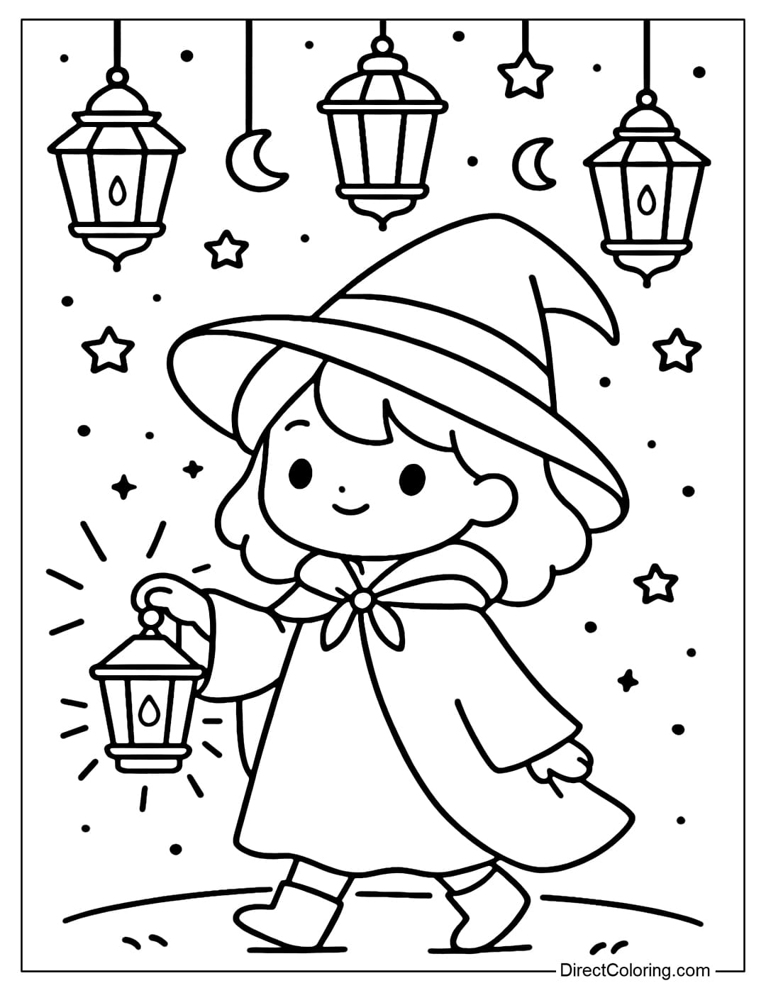 A coloring page of a witch holding a lantern walking in the night, with a few lanterns hanging above.