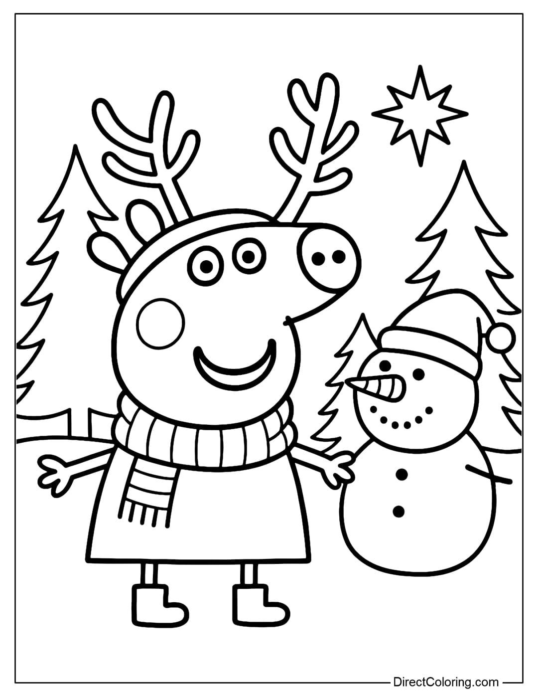 Coloring page Peppa Pig wearing a reindeer antlers headband, standing next to a snowman wearing a Santa hat, behind is a row of pine trees.