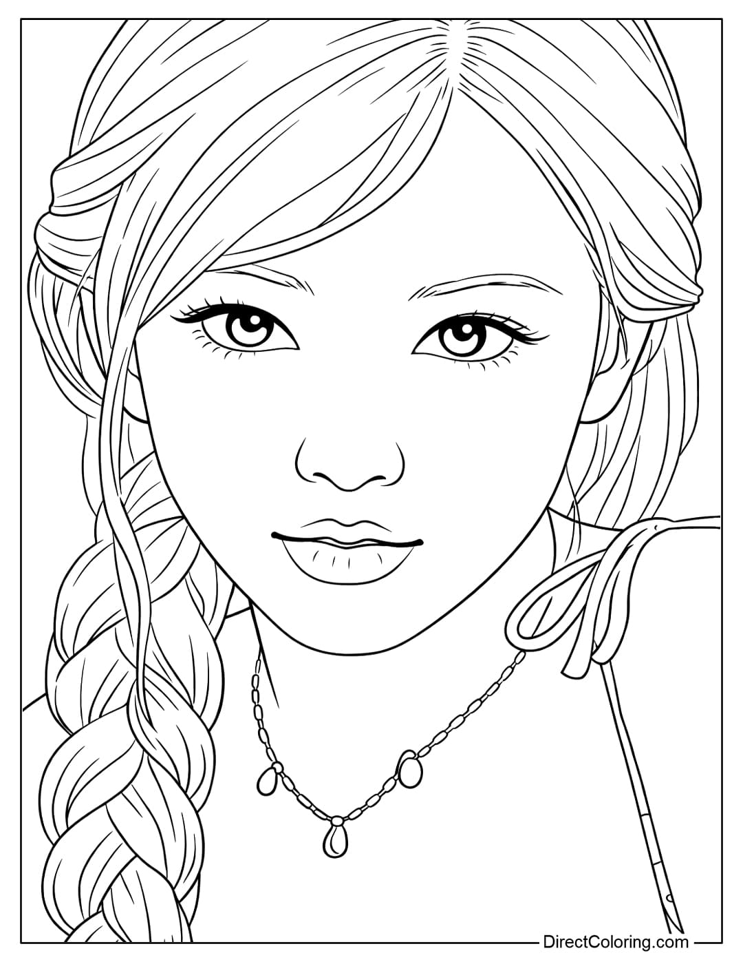 A coloring page of beautiful Rosé Blackpink with neatly braided hair, wearing a tank top and a delicate necklace.