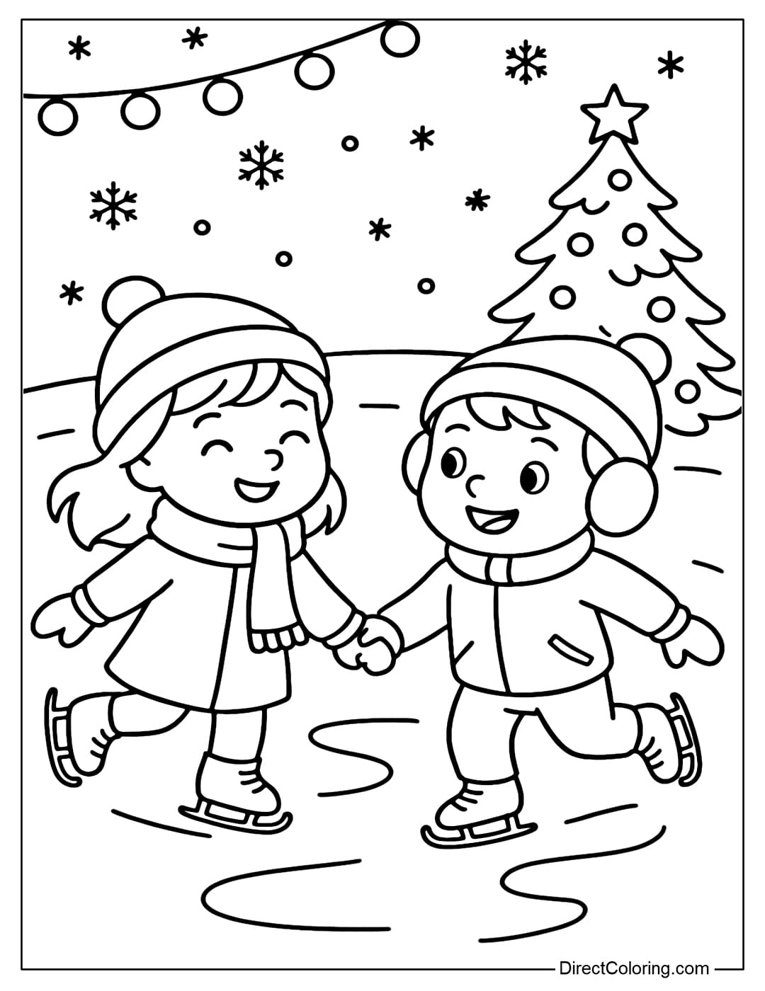 A bustling ice rink coloring page, a little girl and a boy holding hands and skating, with a Christmas tree and a row of hanging lights.