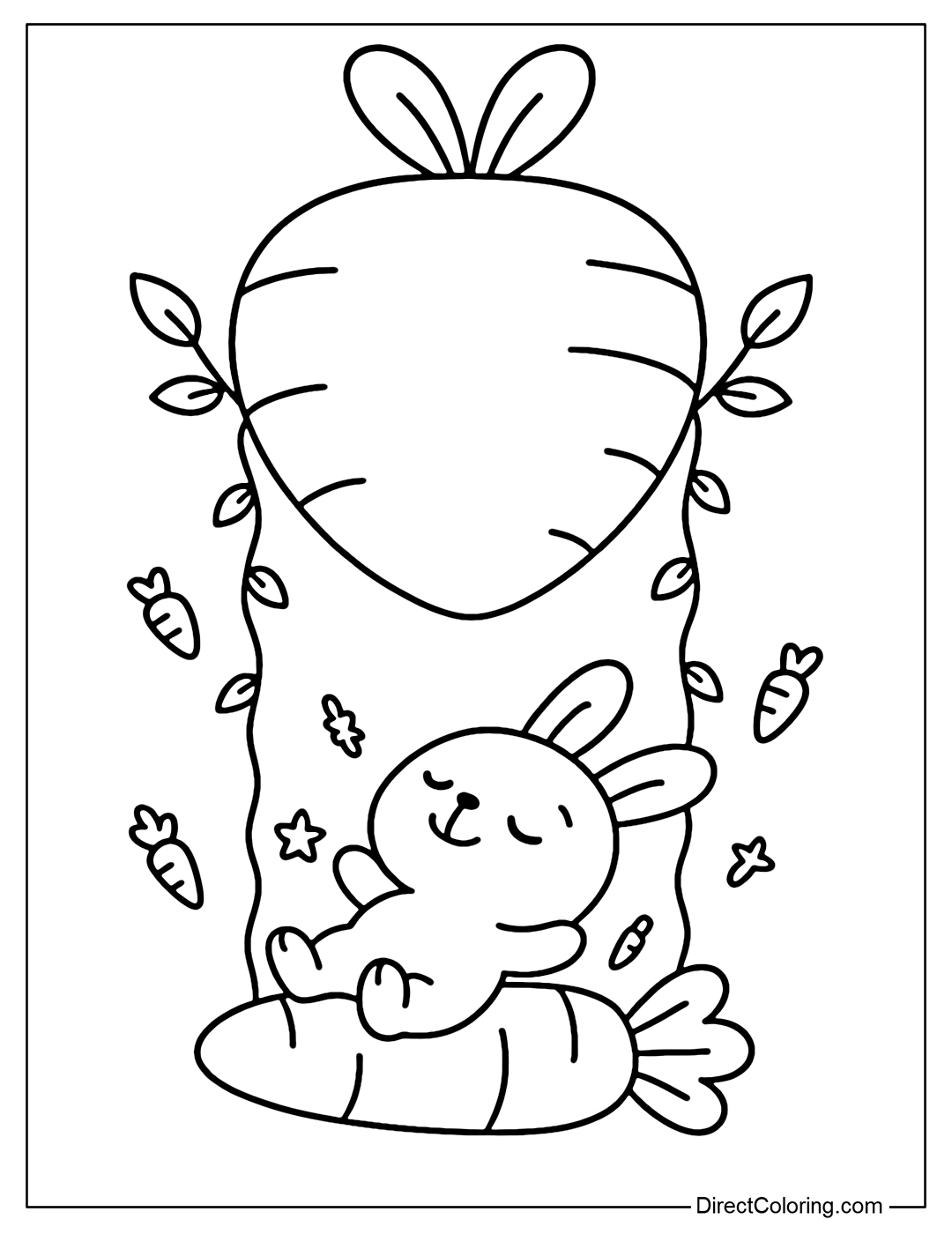 Coloring page of a swing flying from a carrot balloon, baby rabbit lying on his back counting carrot stars.