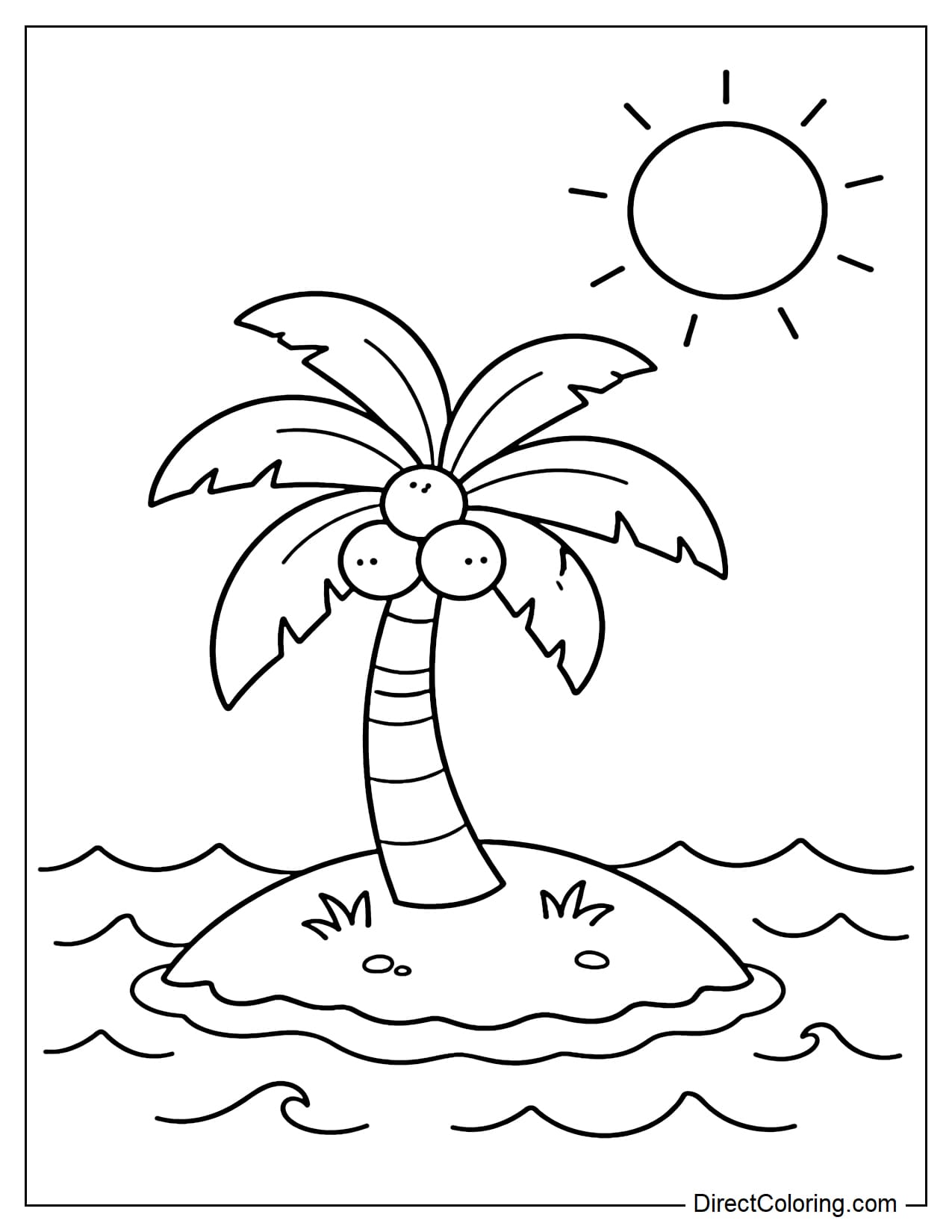 A simple coconut tree stands on a small island in the middle of the sea, with a few coconuts in its canopy and a large sun above, gently surrounded by waves.