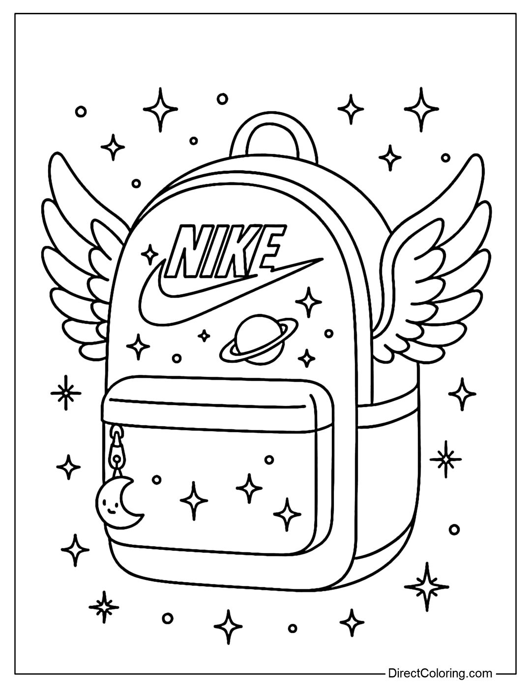 A Nike backpack coloring page with angel wings on both sides, planet and star motifs, and a cute little moon on the zipper.