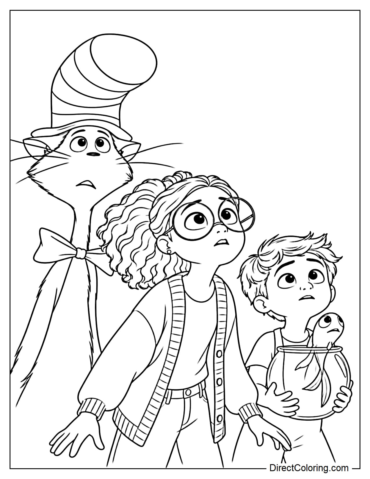 The Cat in the Hat stands behind Gabby and Sebastian as all three look upward with surprised and curious expressions.