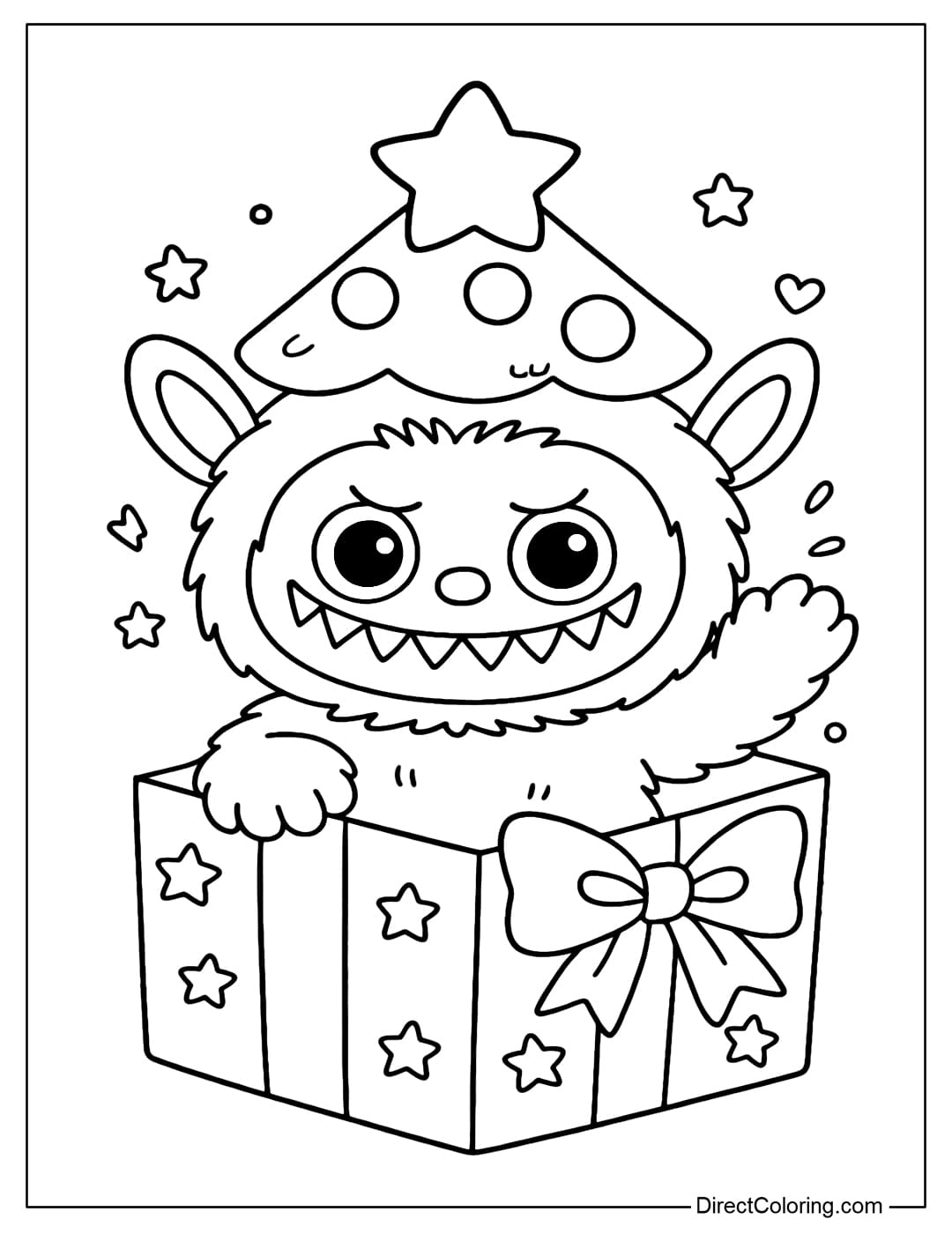 Coloring page of Labubu wearing a Christmas tree hat with a star on top, popping out of a large gift box decorated with bows and stars.