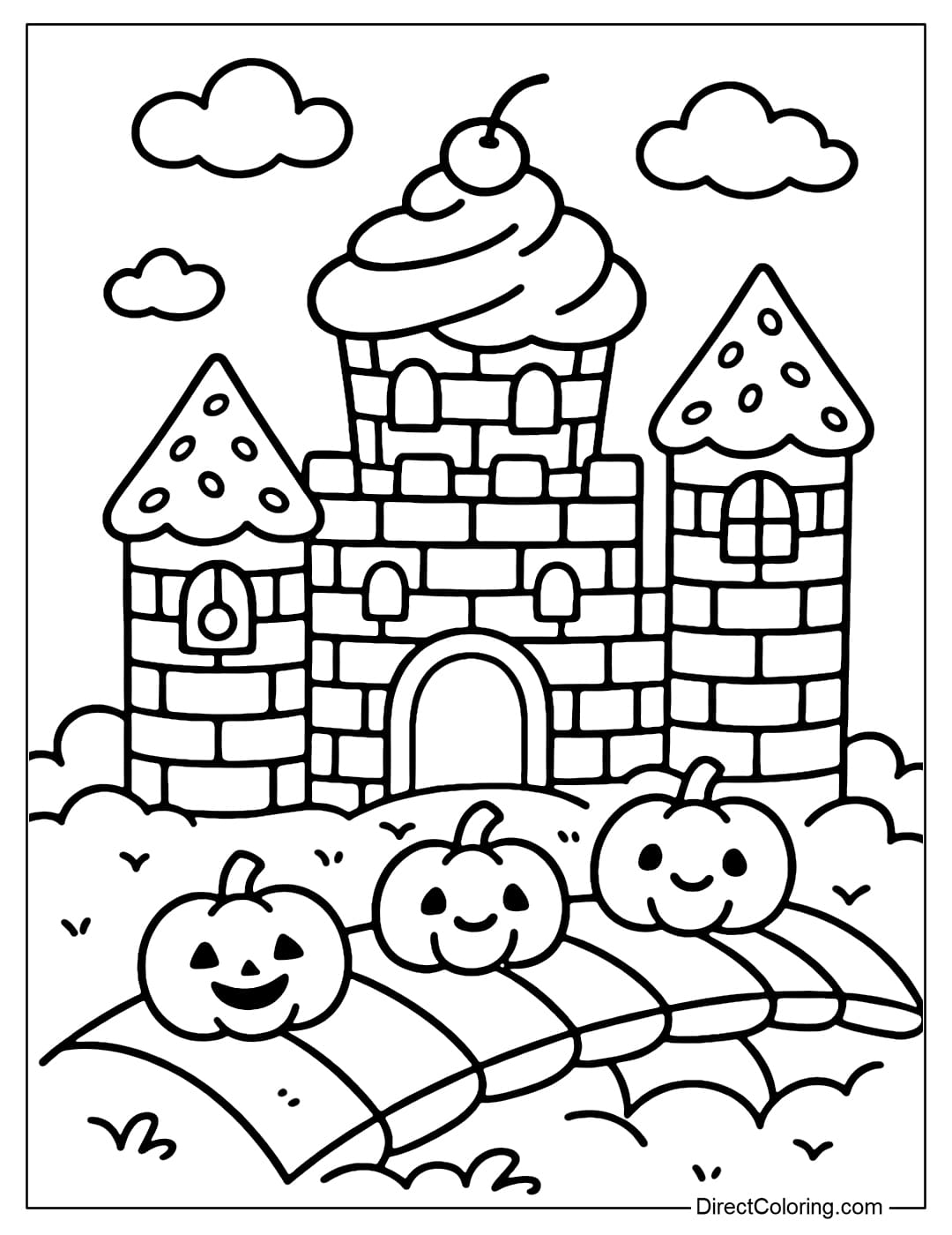 Candy castle coloring page, chocolate walls, cupcake roof, marshmallow windows, and little pumpkins laughing on the candy bridge.