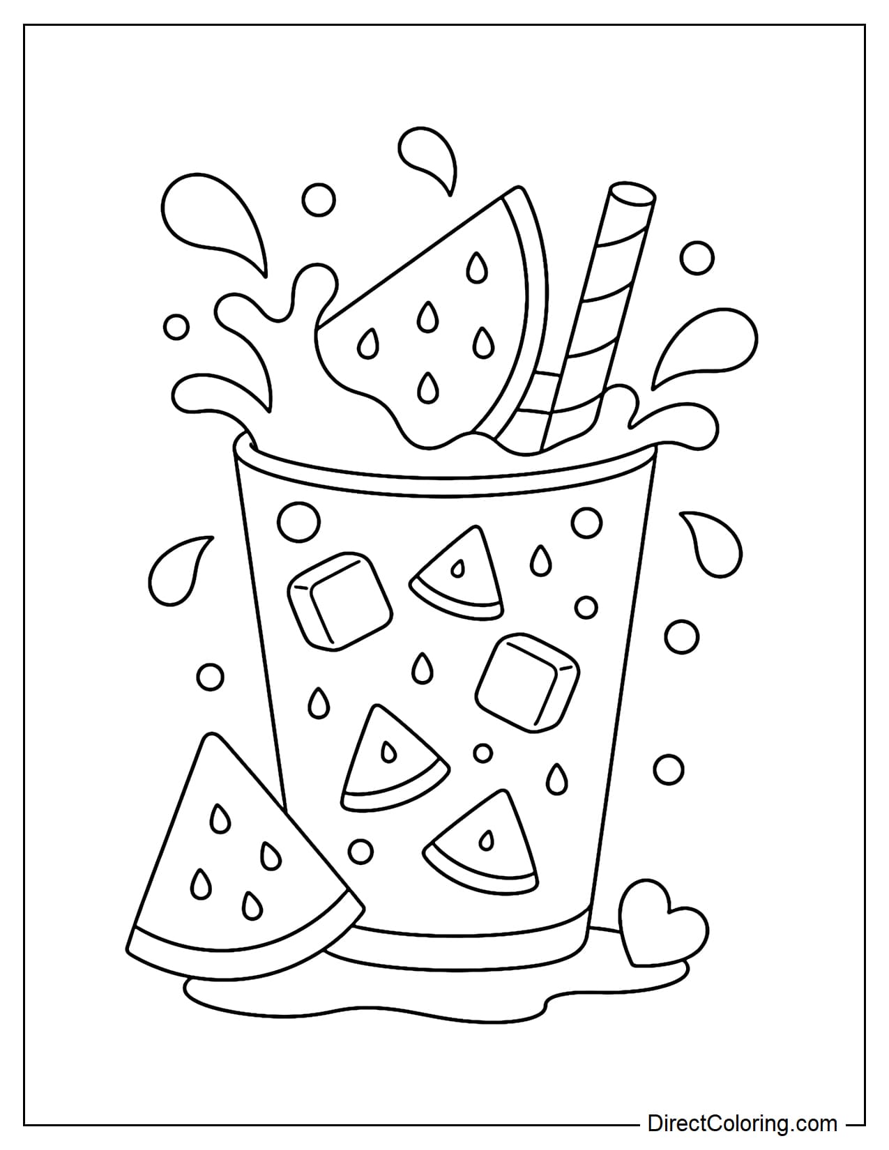 A glass of watermelon juice with the juice gently splashing up, creating large droplets around it, with a few ice cubes inside.