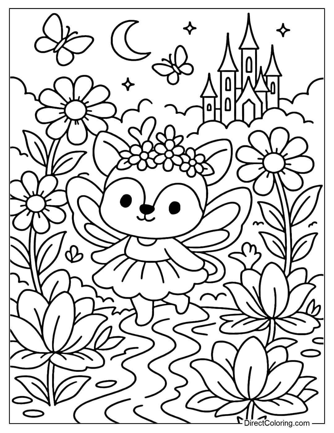 A little deer coloring page with a flower crown, soft wings, and a round puffy skirt.